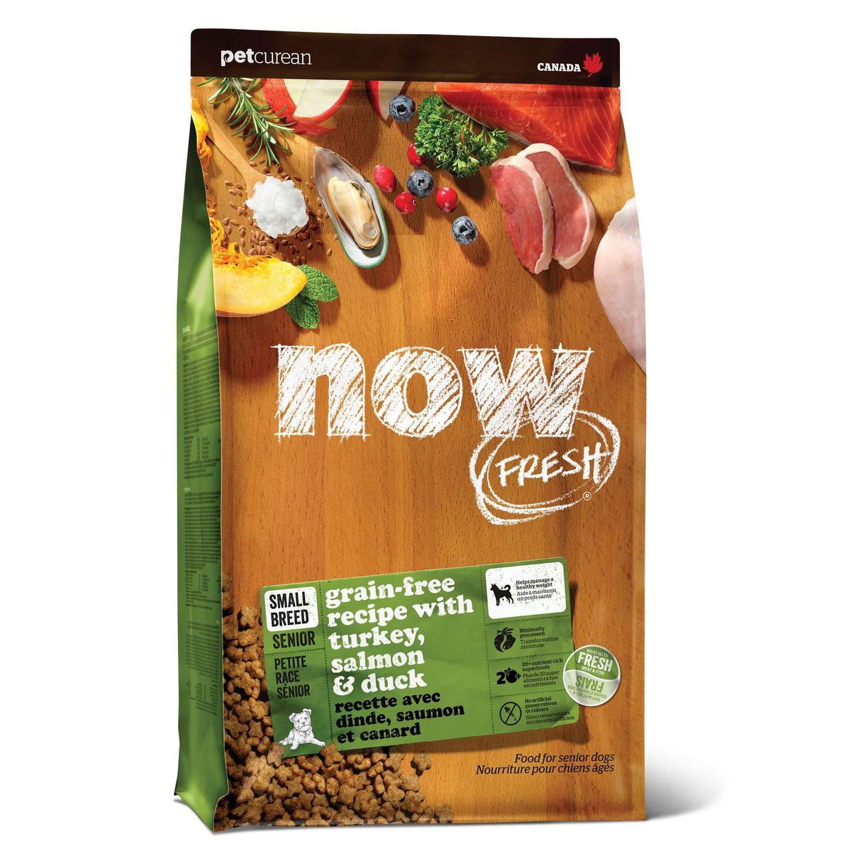 Now Fresh paquet avant montrant la recette senior pour petits chiens, assure qualité