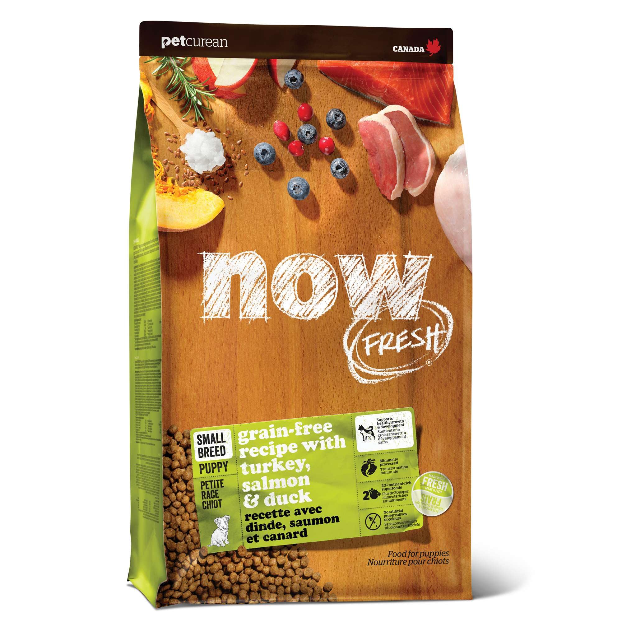 Now Fresh paquet avant montrant la recette pour chiots, confiance et qualité