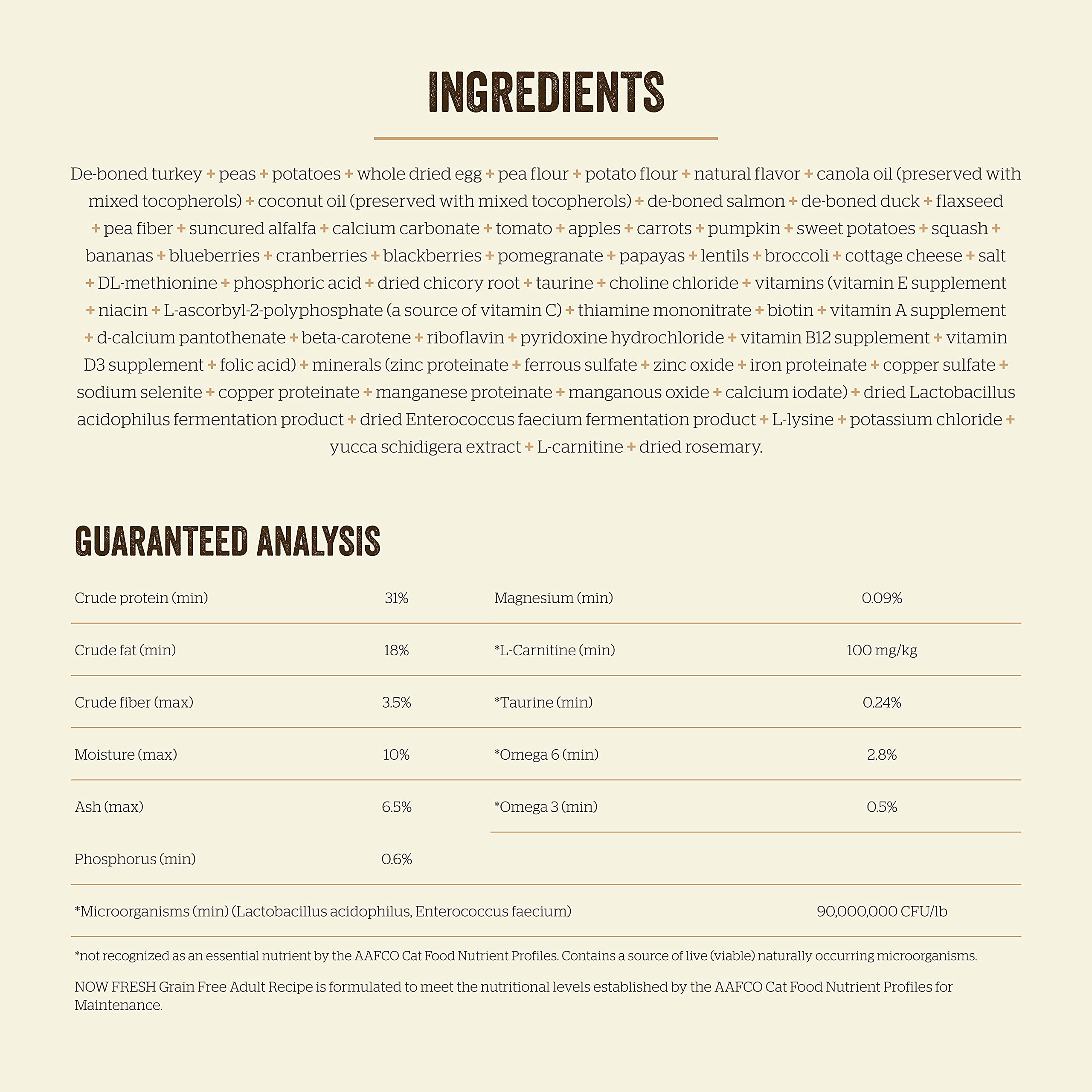 Now Fresh tableau nutritionnel montrant équilibre protéines et graisses