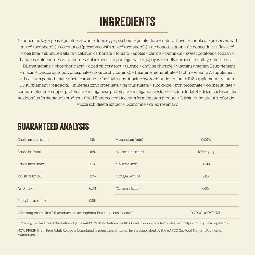 Now Fresh tableau nutritionnel montrant équilibre protéines et graisses