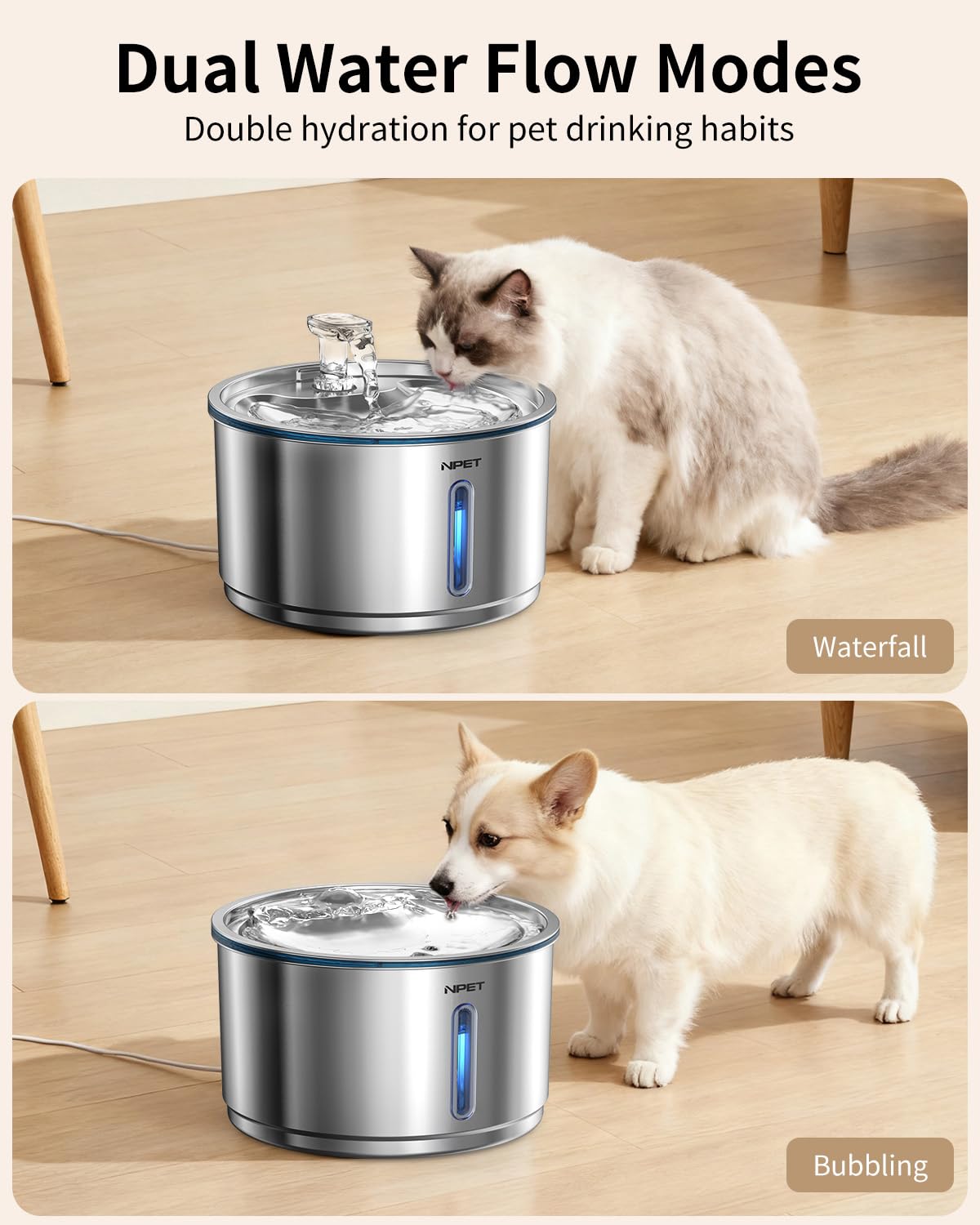 NPET détail du robinet en PP illustrant flux adapté au comportement de boisson du chat