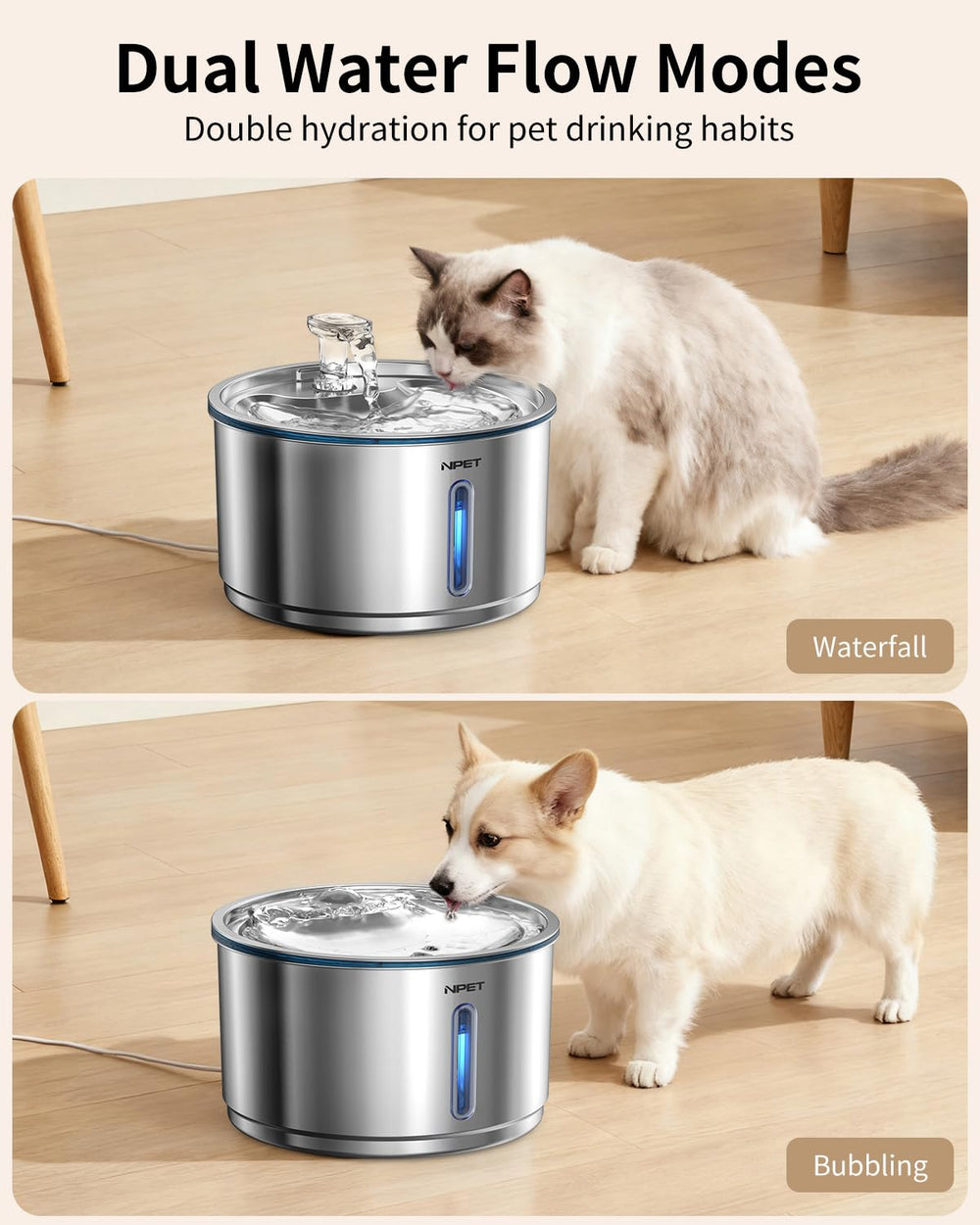 NPET détail du robinet en PP illustrant flux adapté au comportement de boisson du chat