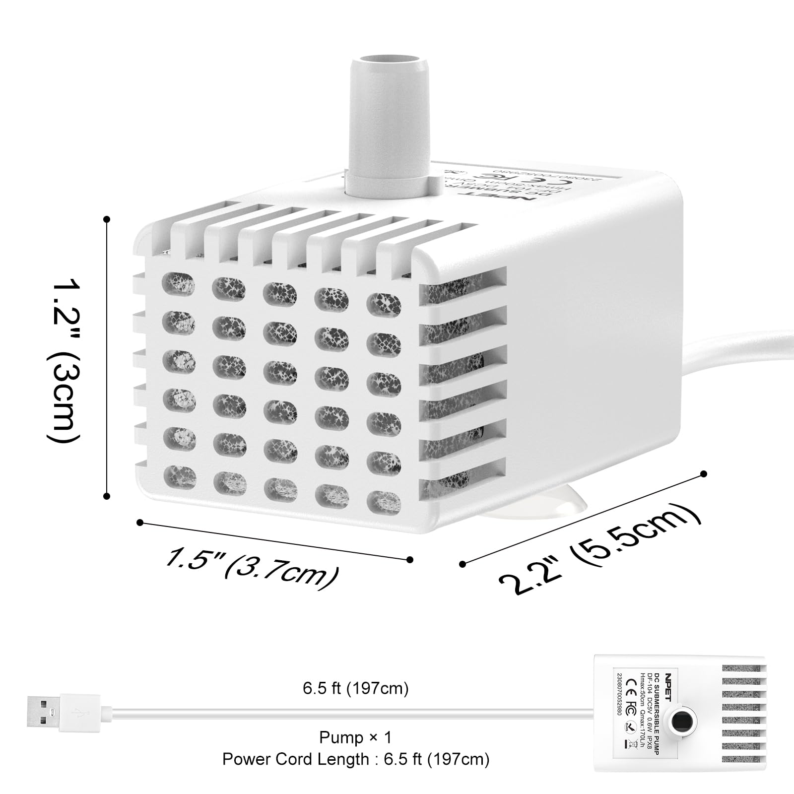 NPET pompe à côté d'une règle pour comparaison d'échelle, dimensions compactes pratiques