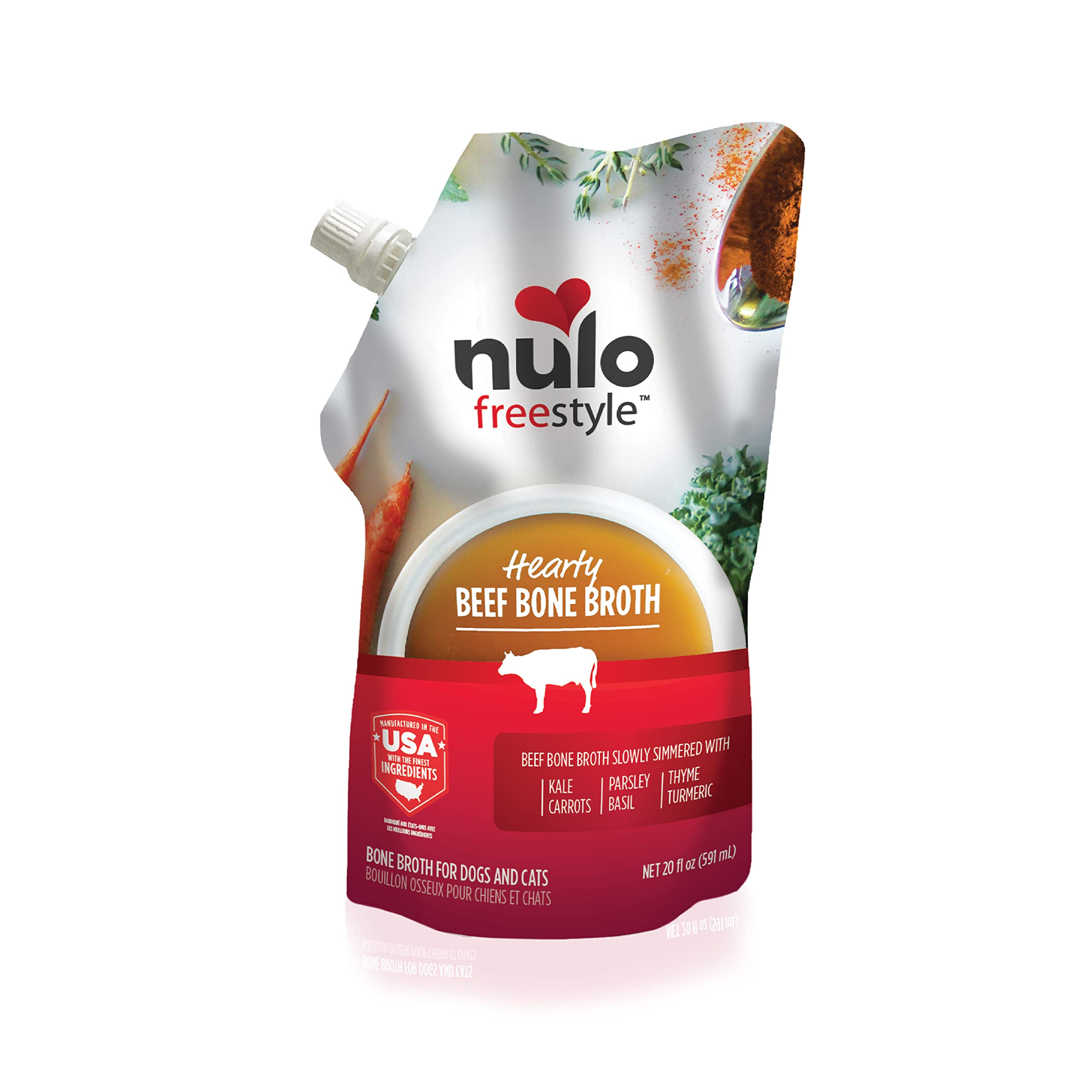 Nulo bouillon d'os pouch avant emballage montrant l'étiquette et bénéfice appétence