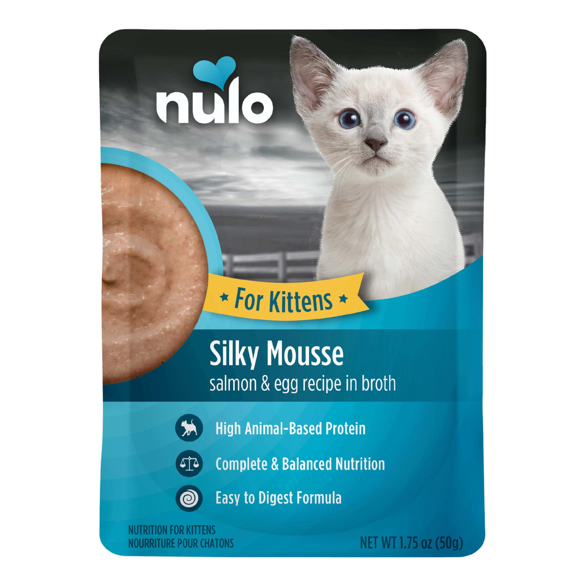 Nulo emballage avant en sachet montrant la recette saumon et œuf et bénéfice appétence