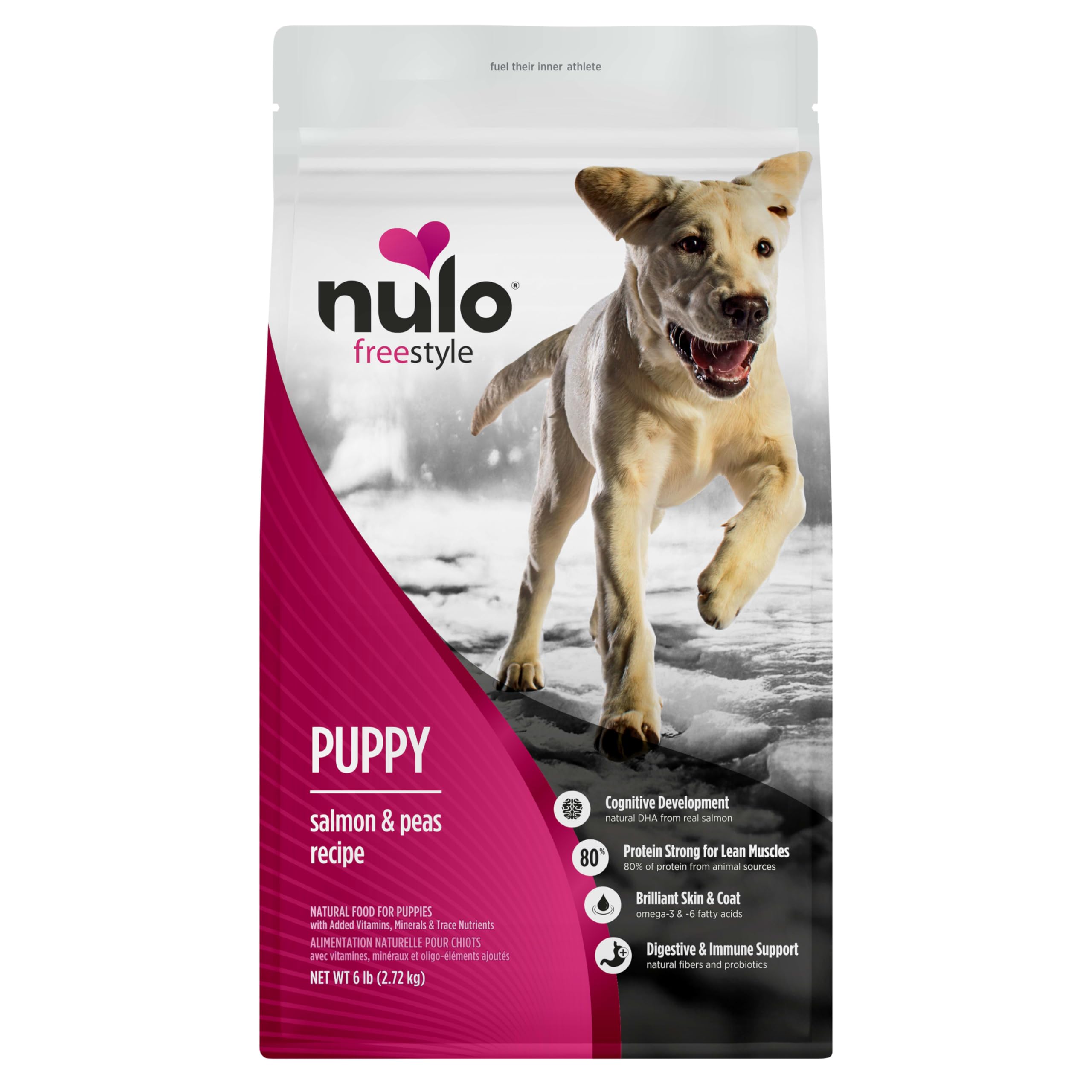 Nulo sac frontal montrant recette Saumon et Pois bénéfice nutritionnel