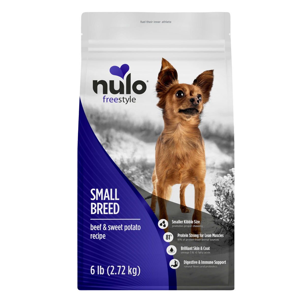 Nulo paquet avant boeuf et patate douce montrant formulation saine