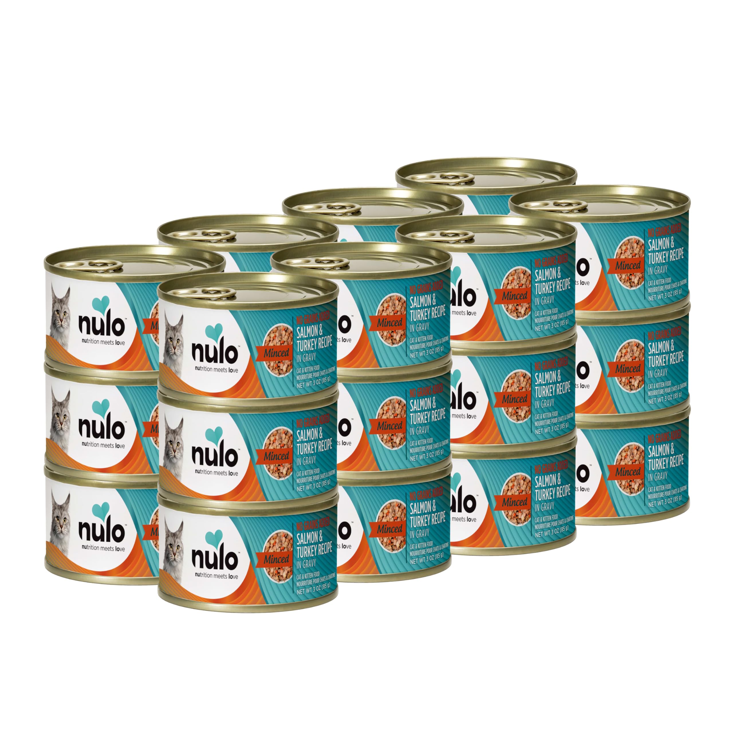 Nulo boîte avant montrant recette Saumon & Dinde bénéfice appétence