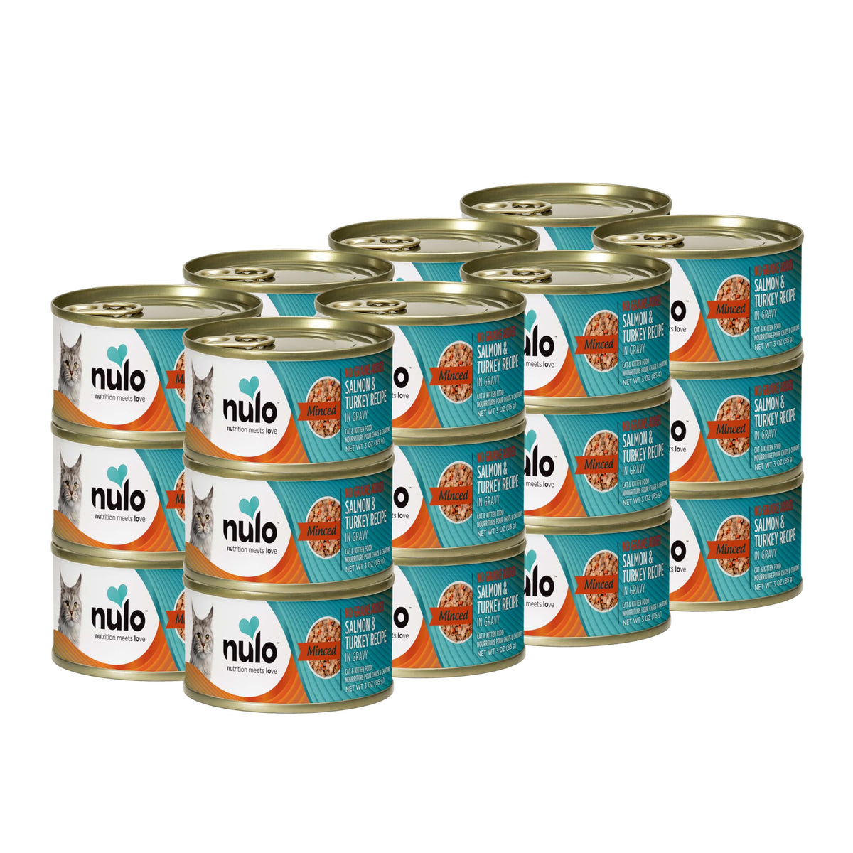 Nulo boîte avant montrant recette Saumon & Dinde bénéfice appétence