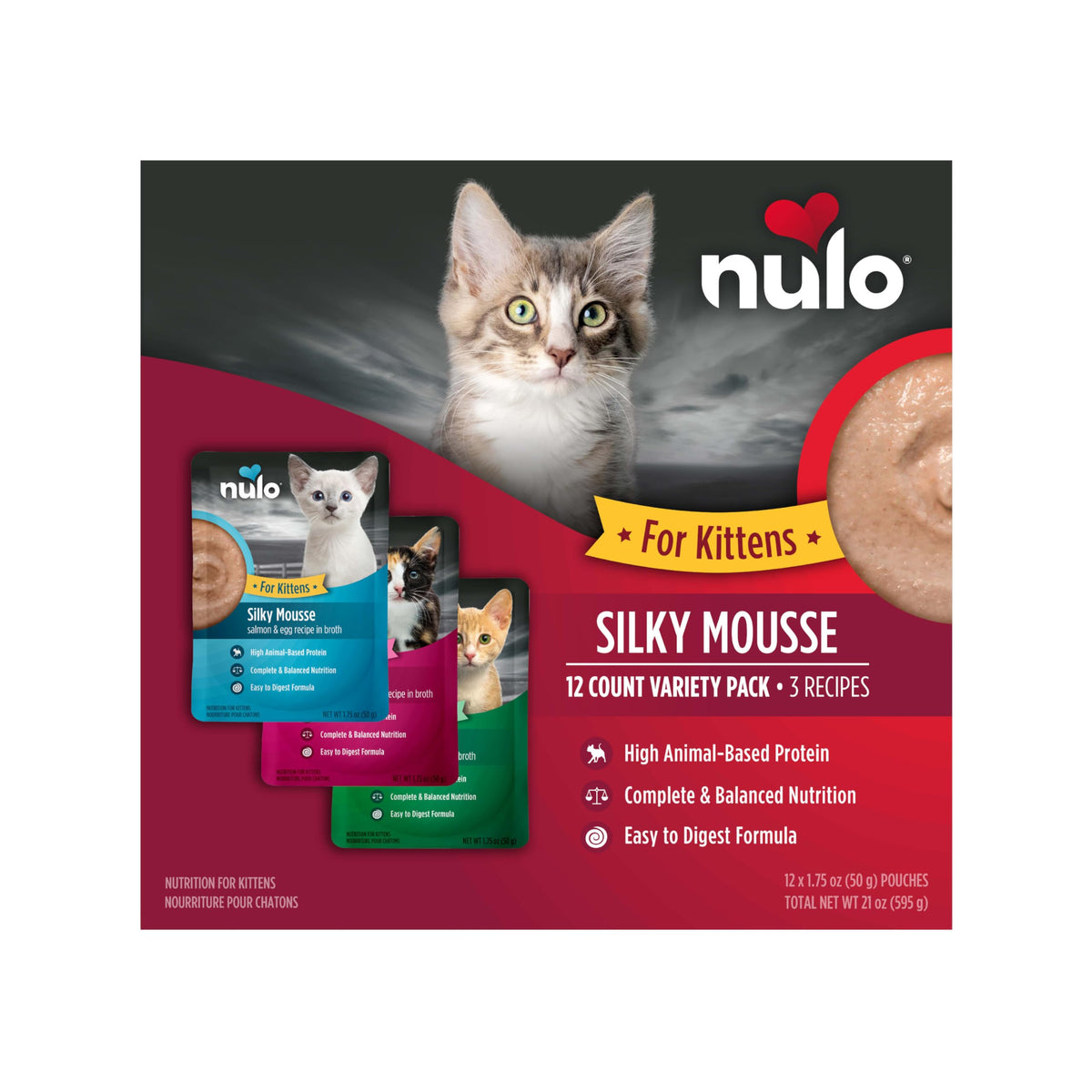Nulo pack frontal montrant les trois recettes et bénéfice nutritionnel