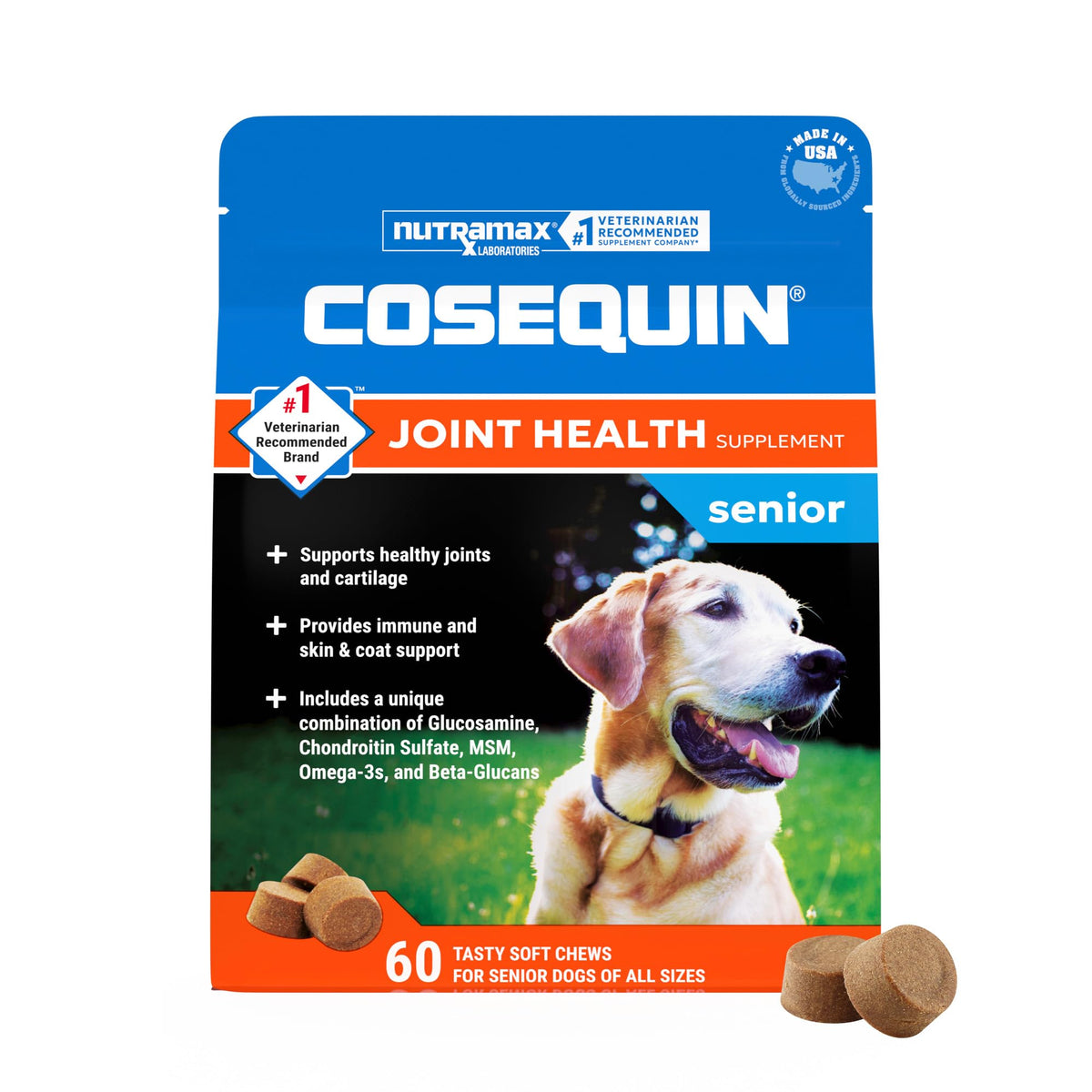 Nutramax Cosequin emballage 60ct montrant l’étiquette et bénéfice articulaire