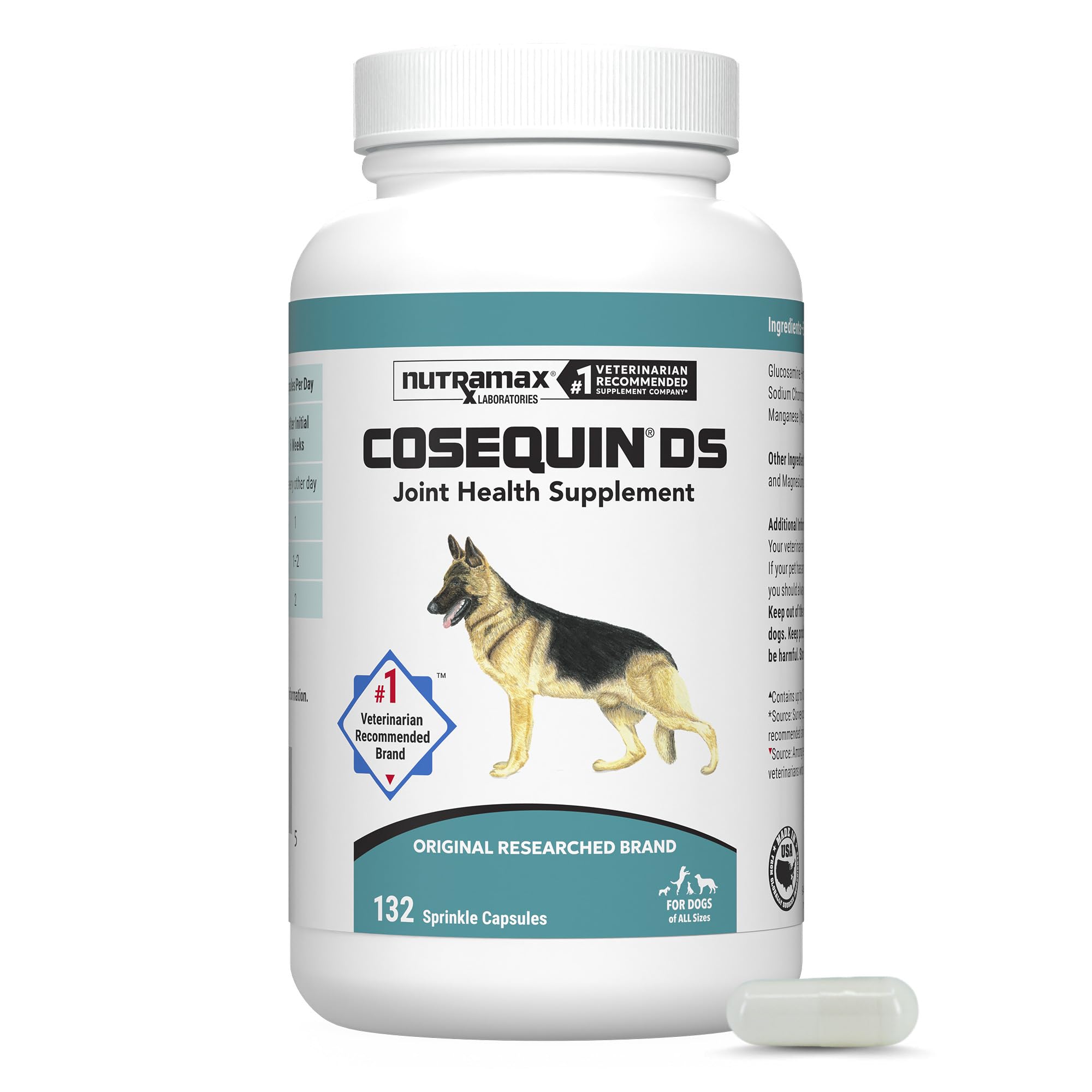 Nutramax Cosequin emballage avant montrant le format 132 capsules et l’information produit