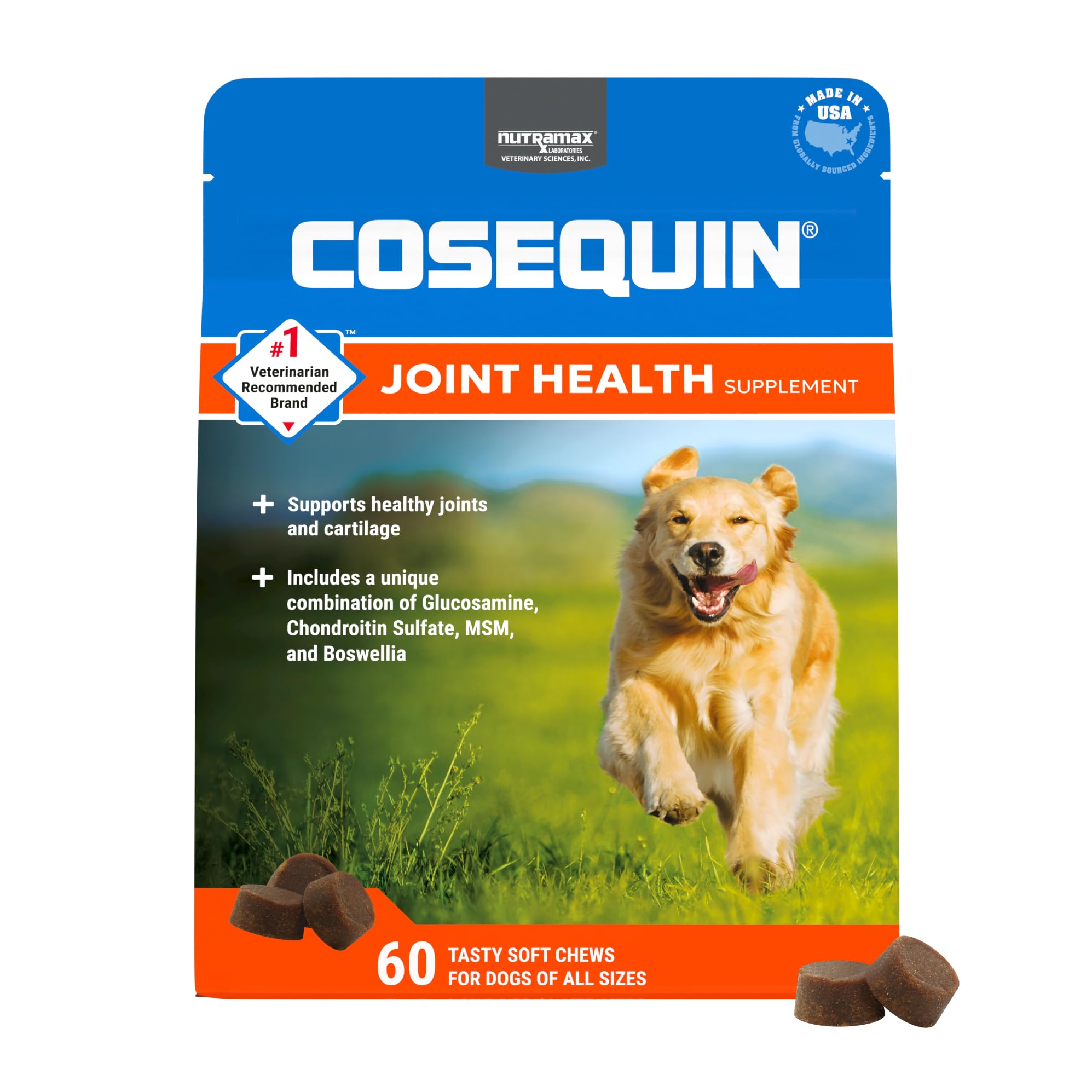 Nutramax Cosequin emballage avant montrant marque et format 60 pastilles pour confiance