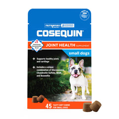 Nutramax Cosequin Minis emballage avant montrant le format 45 mastics pour petits chiens, facilité d’administration