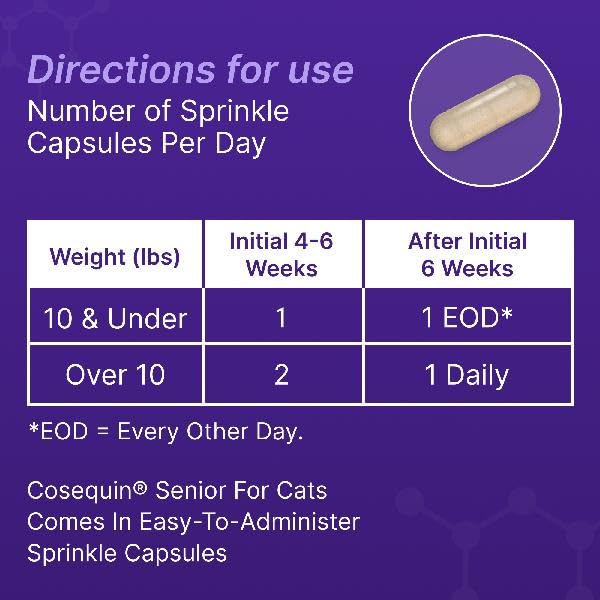 Nutramax Cosequin Senior présenté avec chat senior actif illustrant soutien articulaire