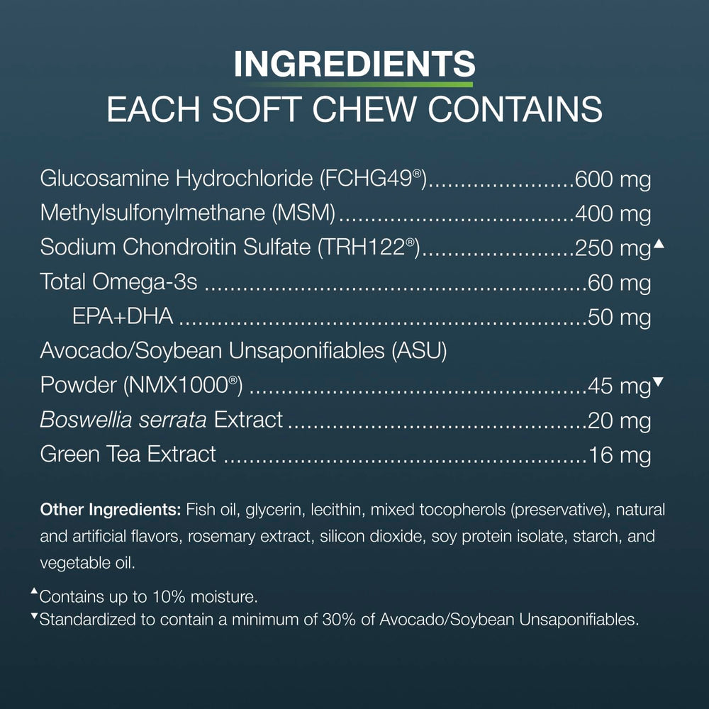 Étiquette Nutramax Dasuquin lisible affichant composition et doses recommandées