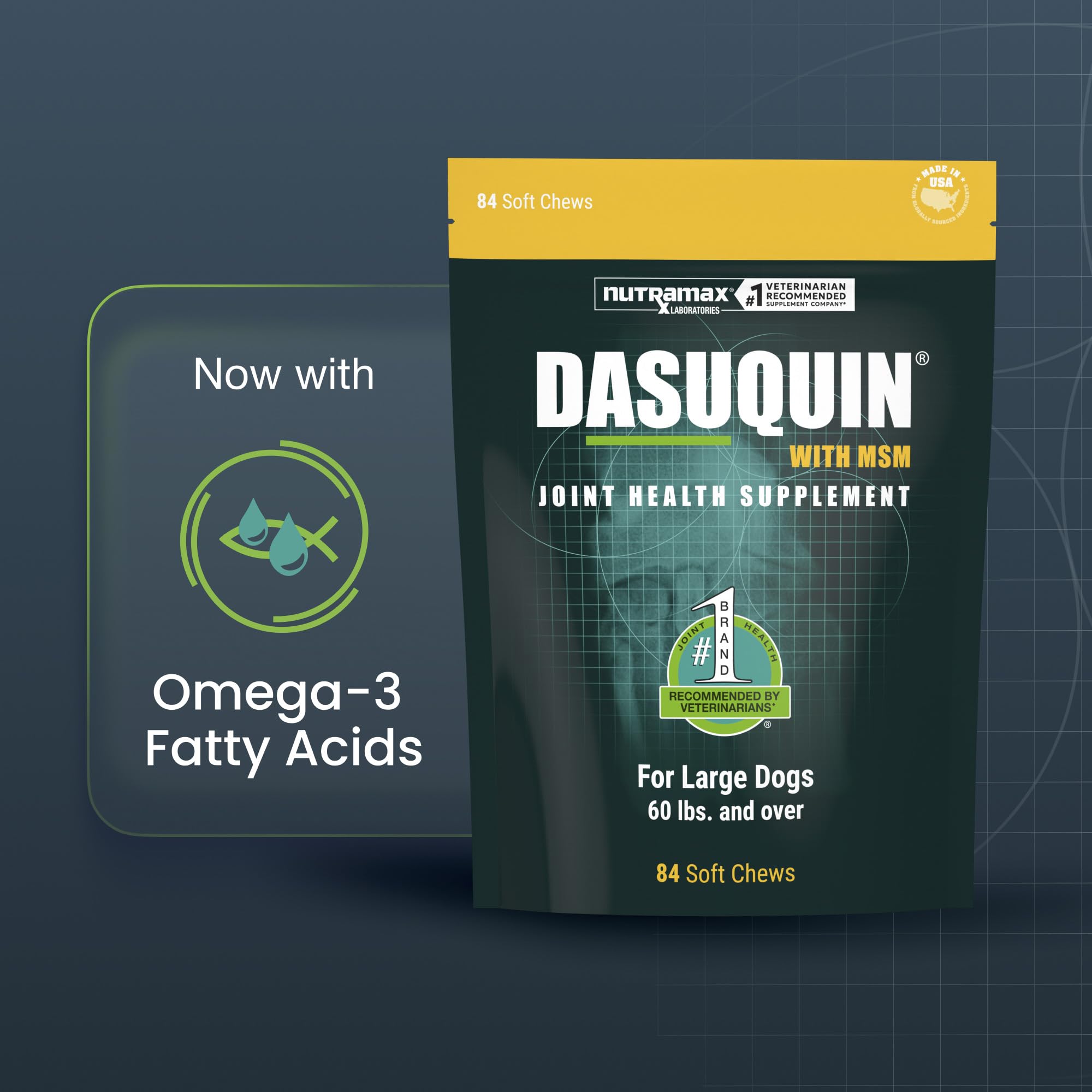 Gros plan des masticables Dasuquin montrant texture et attractivité pour chien