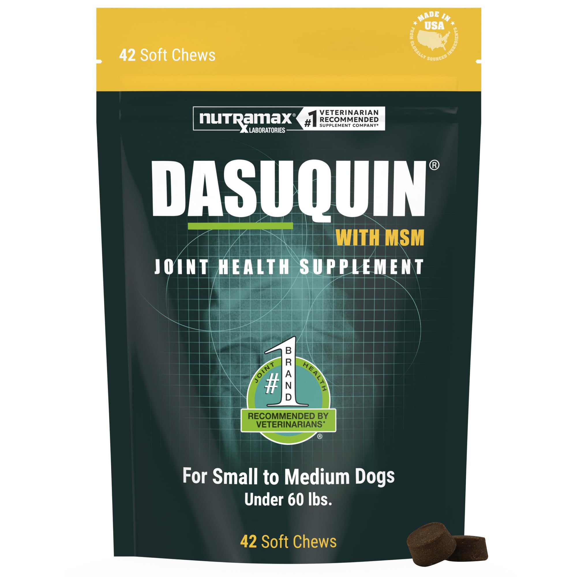 Nutramax Dasuquin MSM emballage avant montrant le produit et la praticité