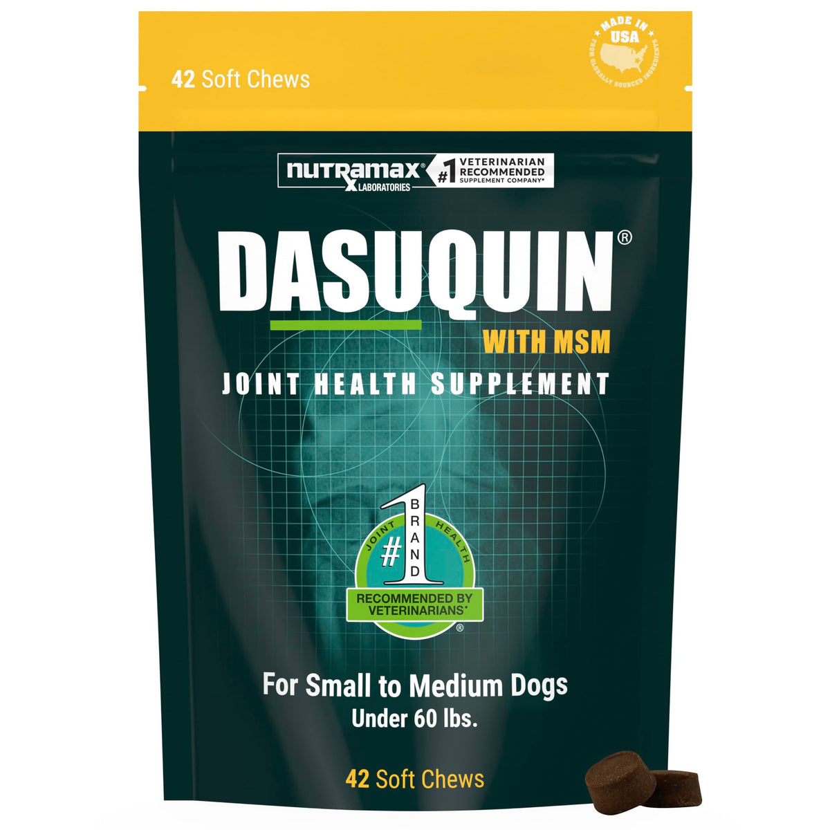 Nutramax Dasuquin MSM emballage avant montrant le produit et la praticité