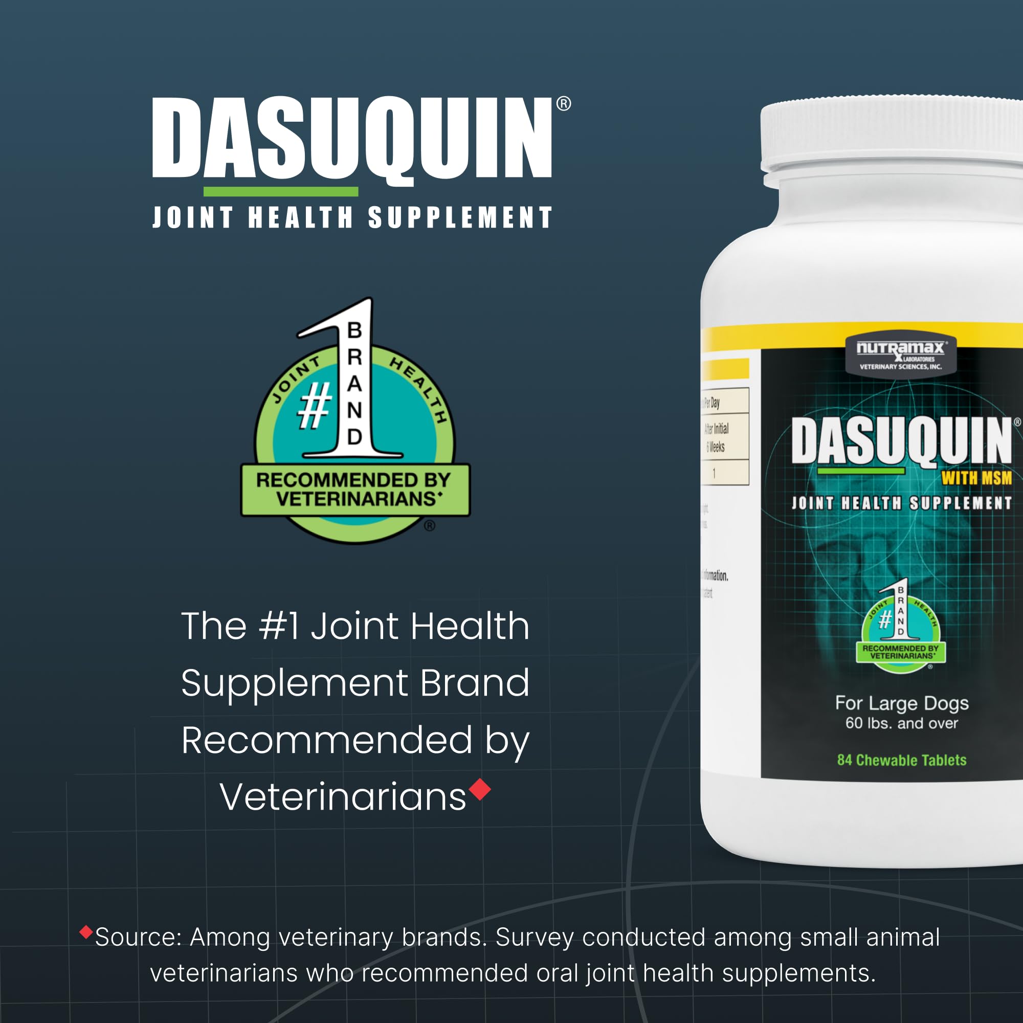 Nutramax Dasuquin comprimé tenu en main montrant l'échelle et praticité