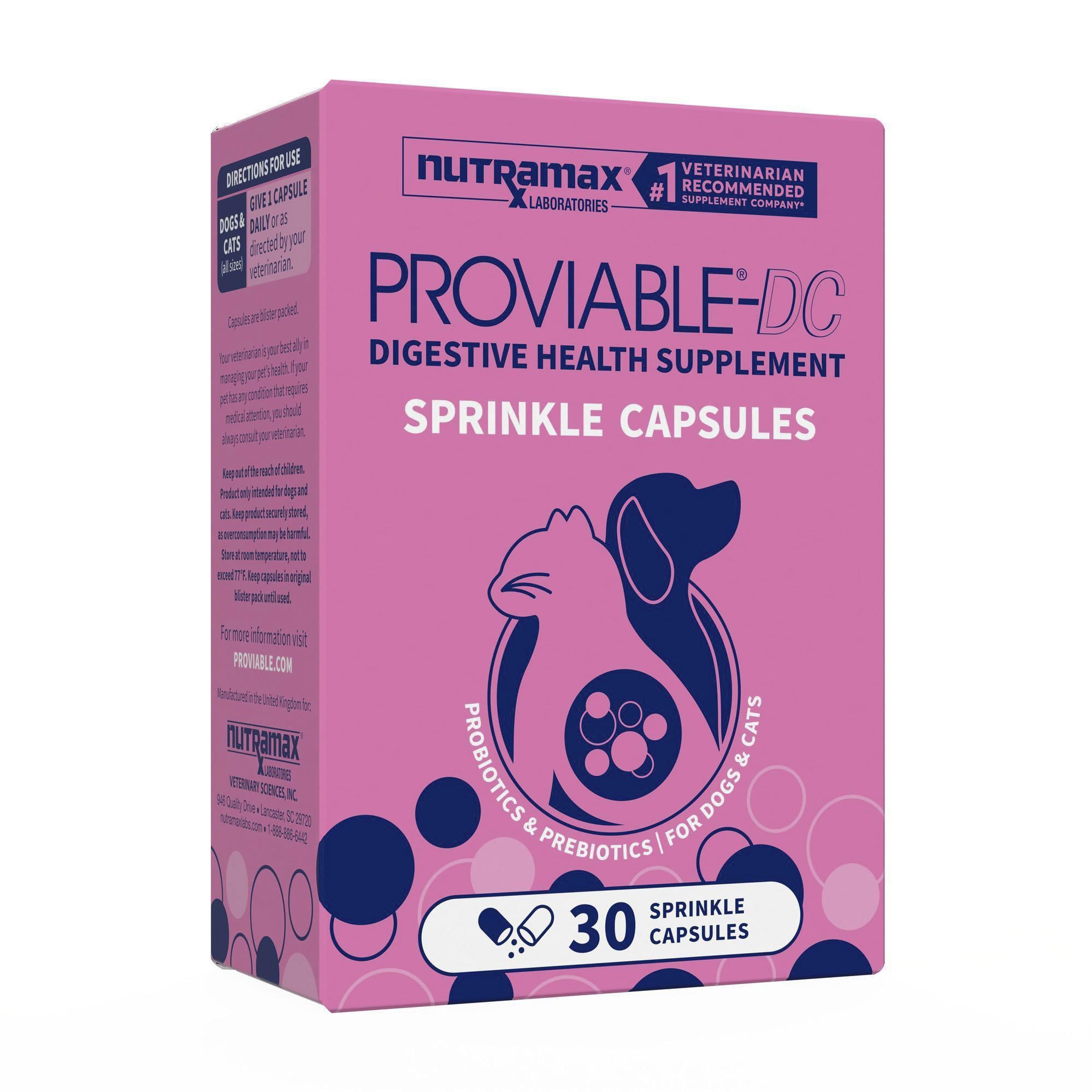 Nutramax Proviable emballage frontal montrant le produit et l'utilisation pratique