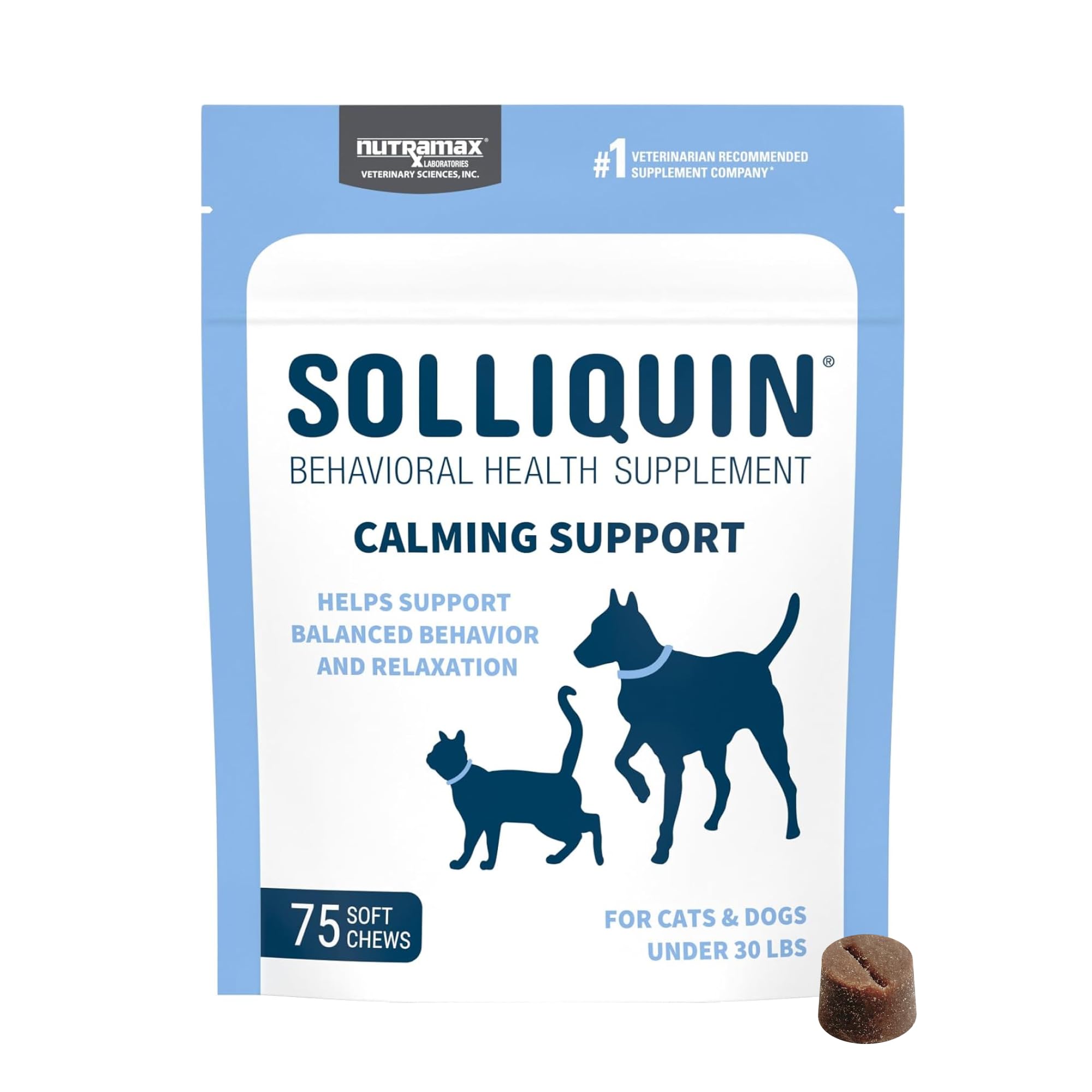 Nutramax Solliquin emballage avant montrant format et dosage, calme simplifié