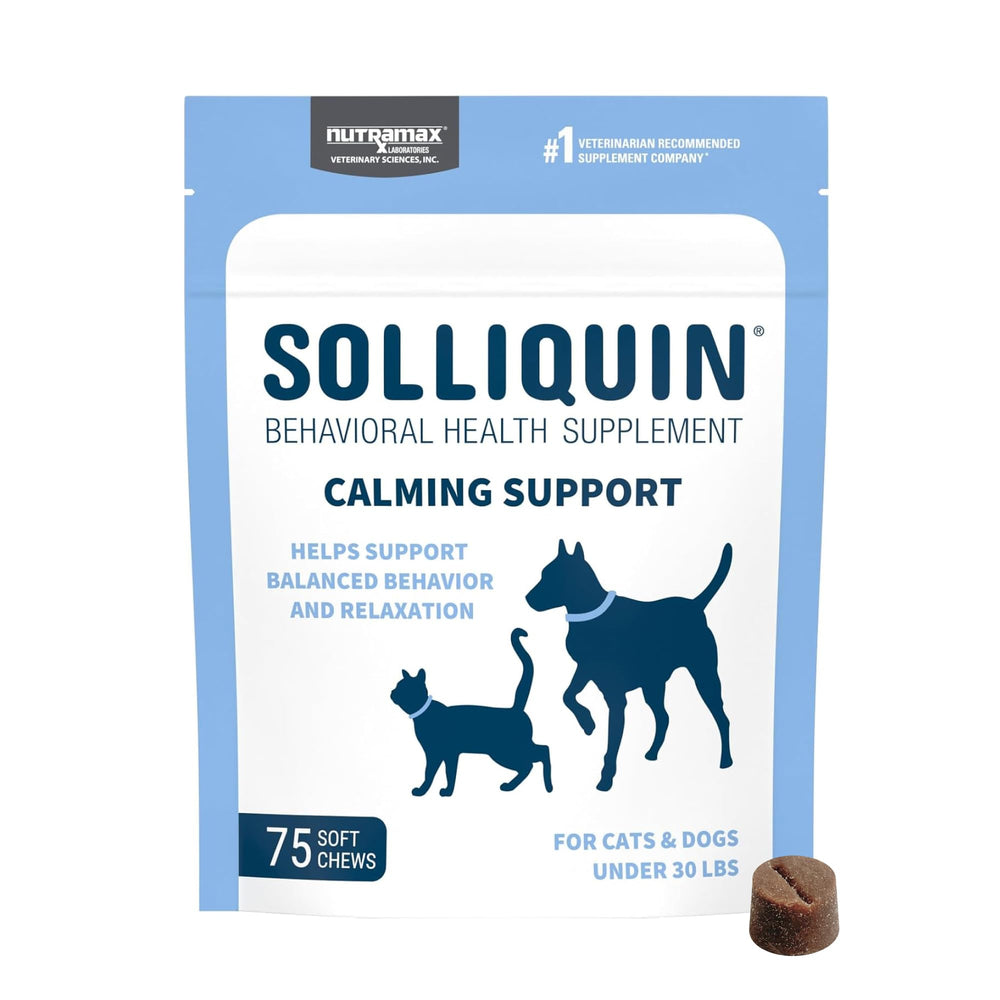 Nutramax Solliquin emballage avant montrant format et dosage, calme simplifié