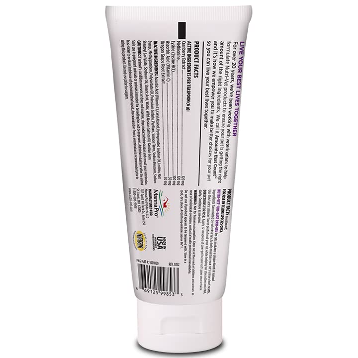 Nutri-Vet étiquette Uri-Ease Paw Gel affichant ingrédients clés et usage