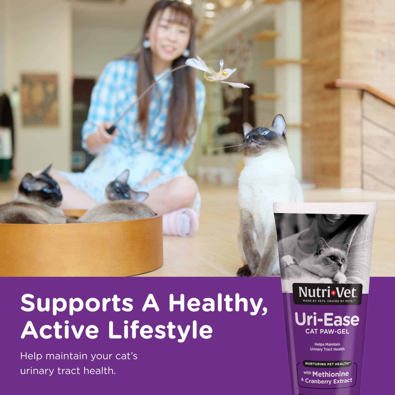 Nutri-Vet tube 3oz Uri-Ease Paw Gel montrant taille pratique et utilisation