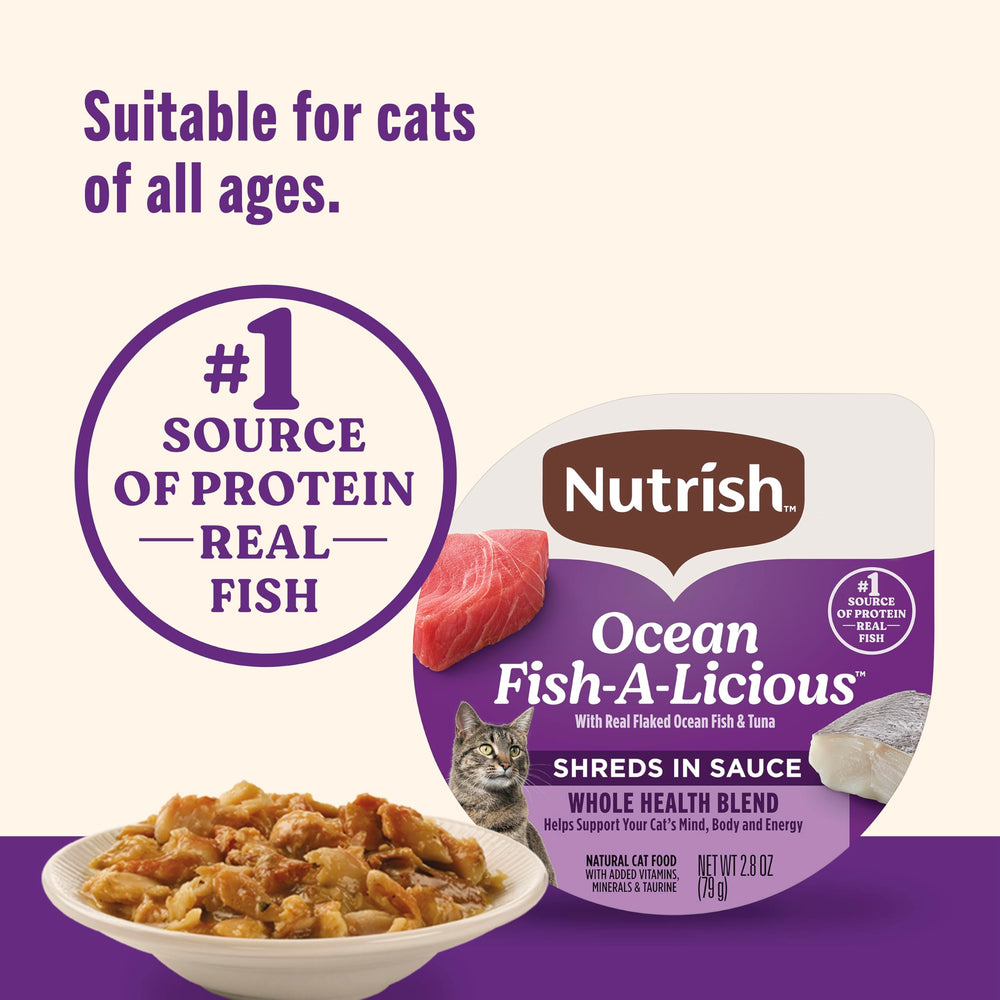 Nutrish chat dégustant la pâtée en cuisine, montre l'appétence