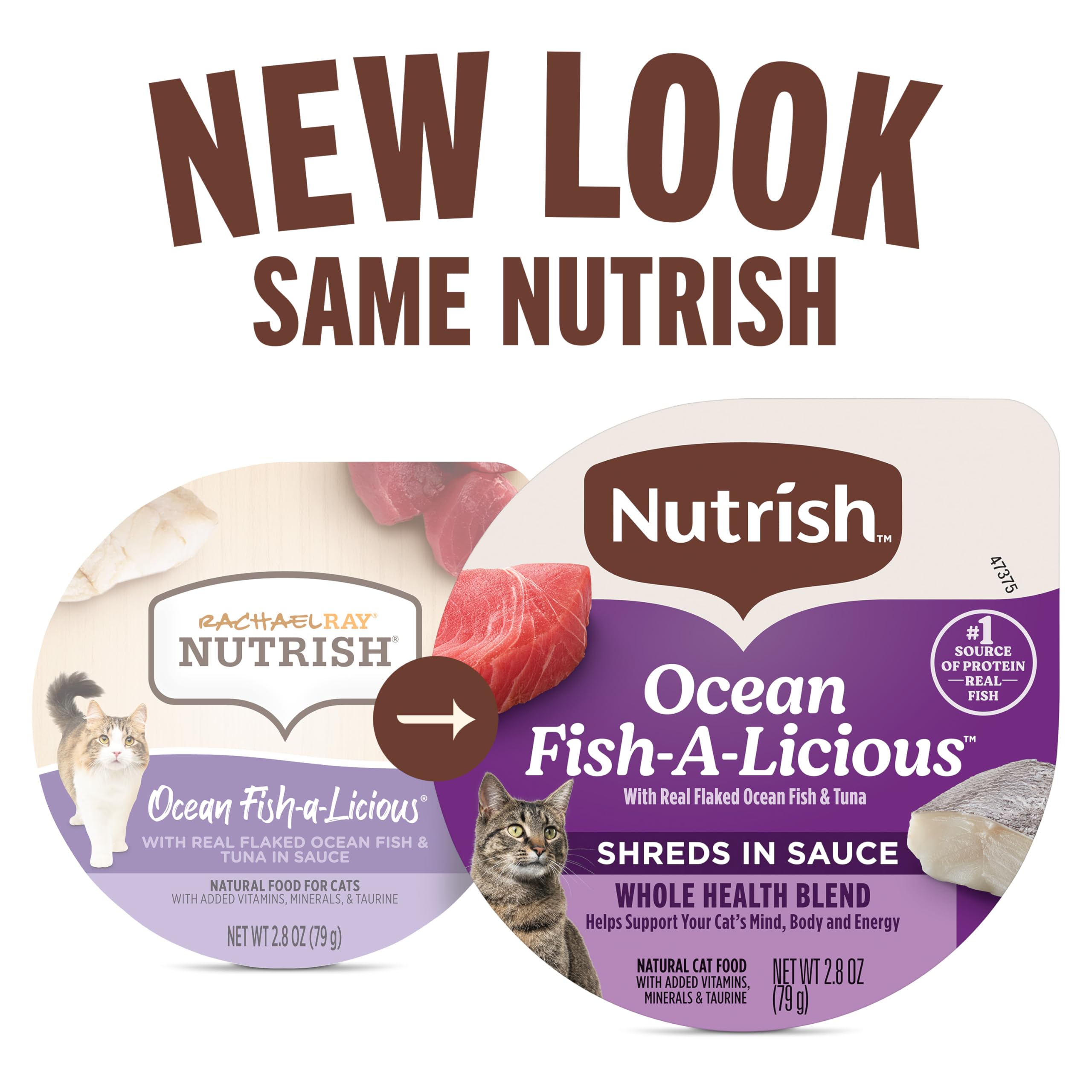 Nutrish cup ouverte révélant flocons de poisson, riche en protéines