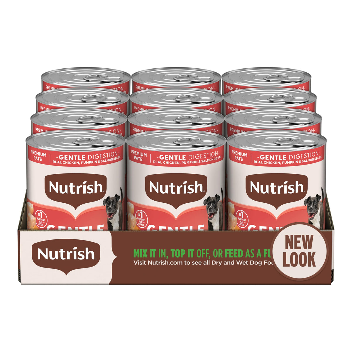 Nutrish boîte avant montrant l’étiquette et la recette poulet pour confiance