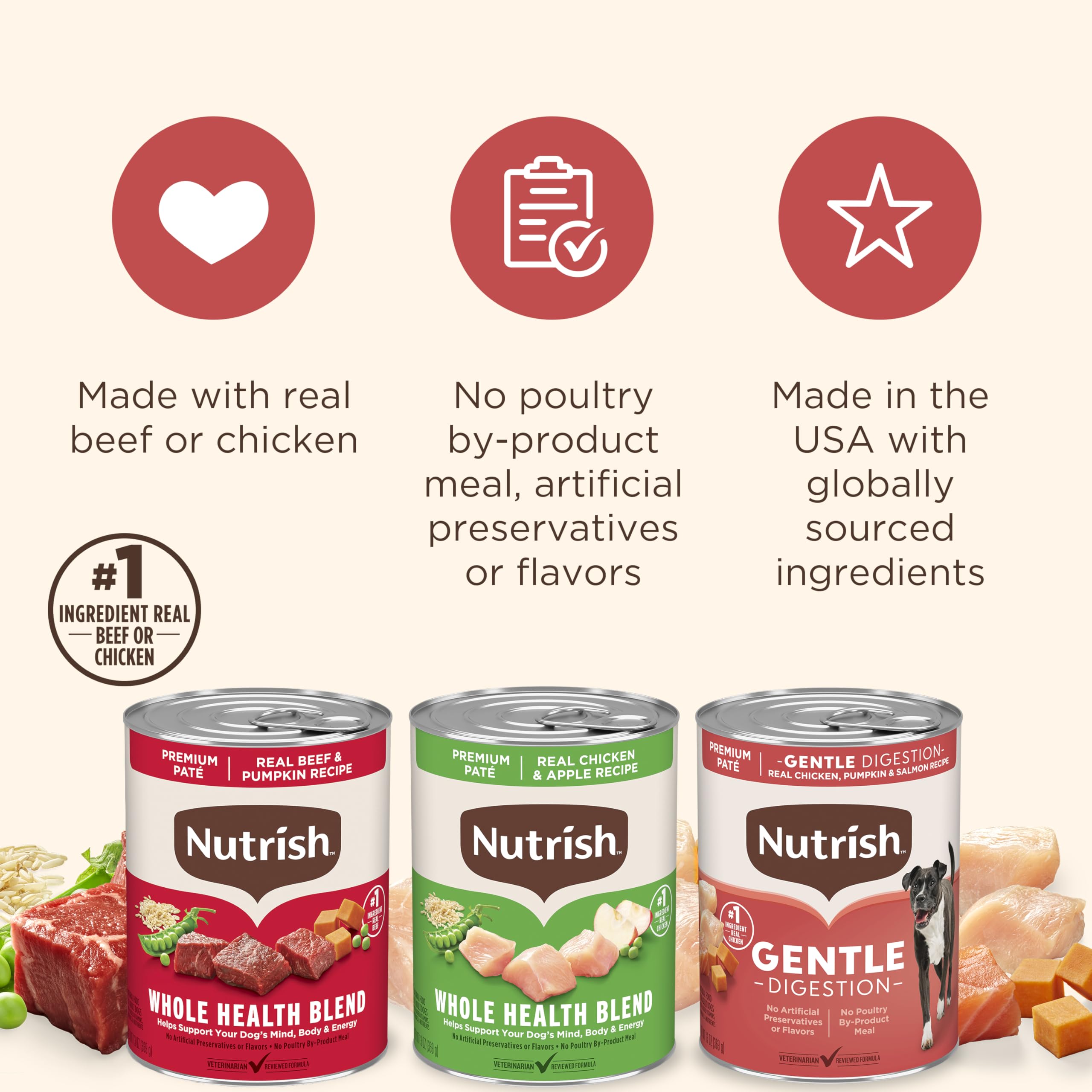 Nutrish ingrédients poulet et pomme montrant goût fruité et équilibre
