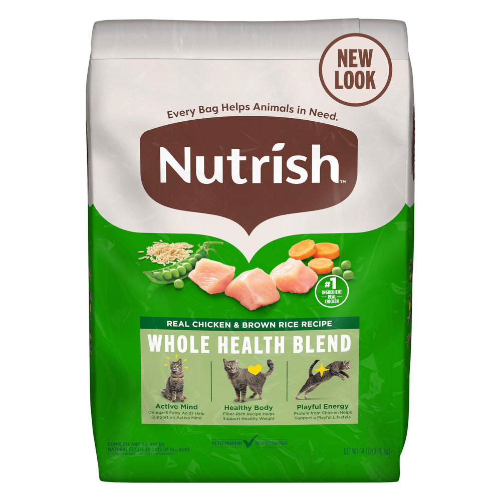 Nutrish sachet devant montrant la recette poulet et riz brun bénéfice nutrition