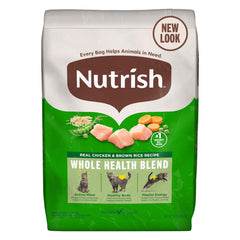 Nutrish sachet devant montrant la recette poulet et riz brun bénéfice nutrition