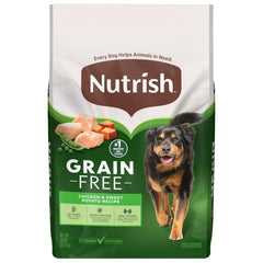 Nutrish sac face avant montrant poulet et patate douce, choix nutritif visible