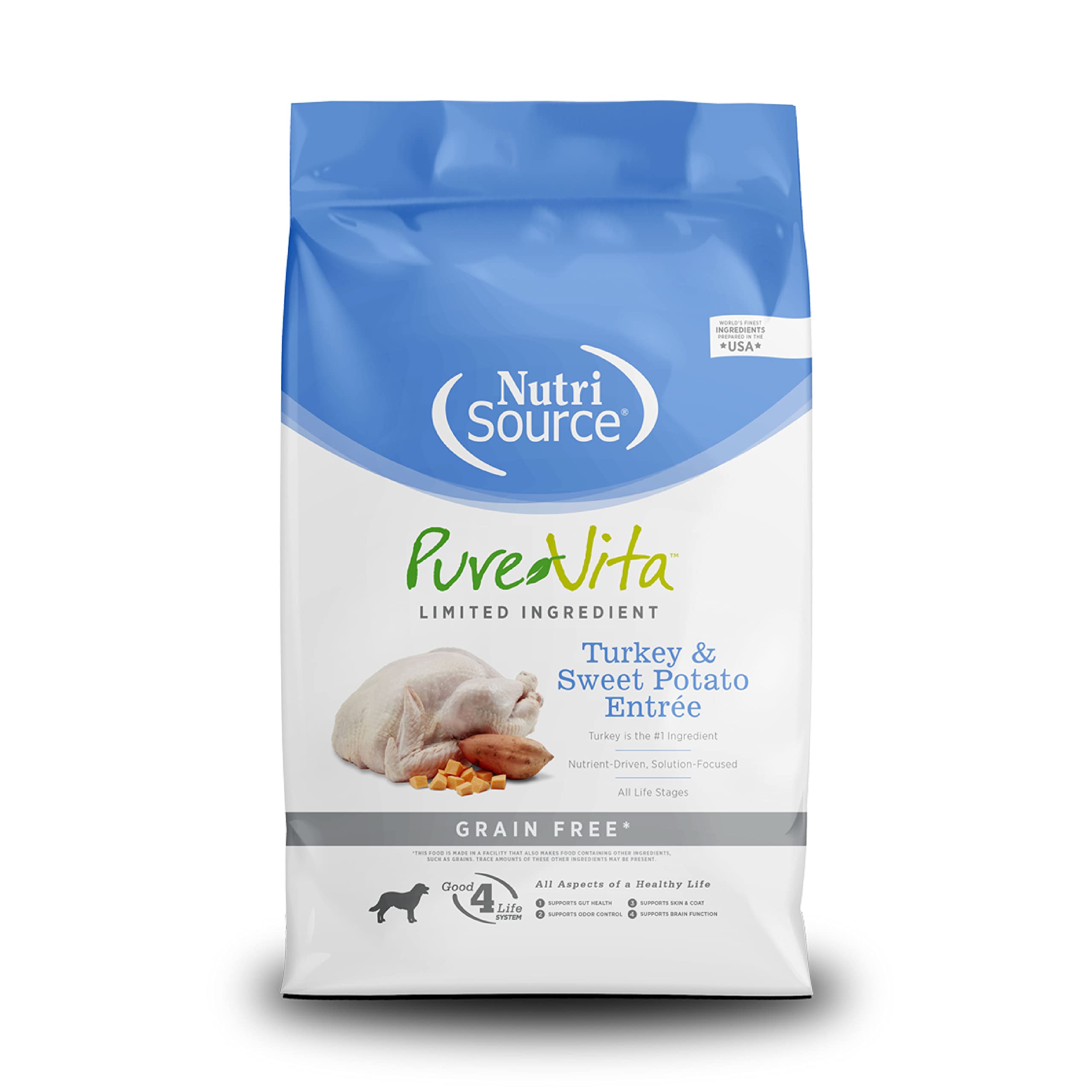 NutriSource emballage 25LB dinde et patate douce montrant nutrition complète