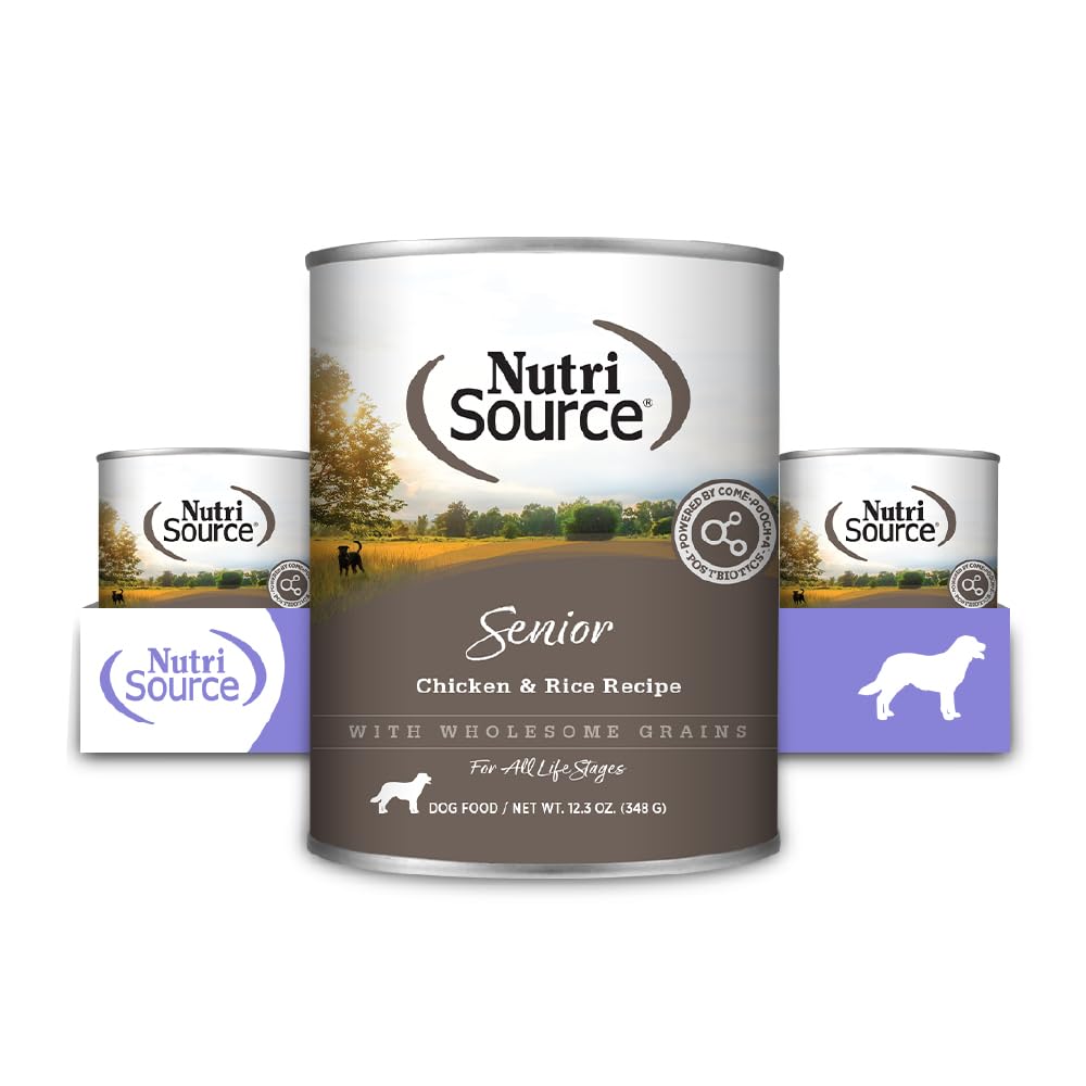 NutriSource boîte face avant montrant la recette senior au poulet et riz bénéfice appétence