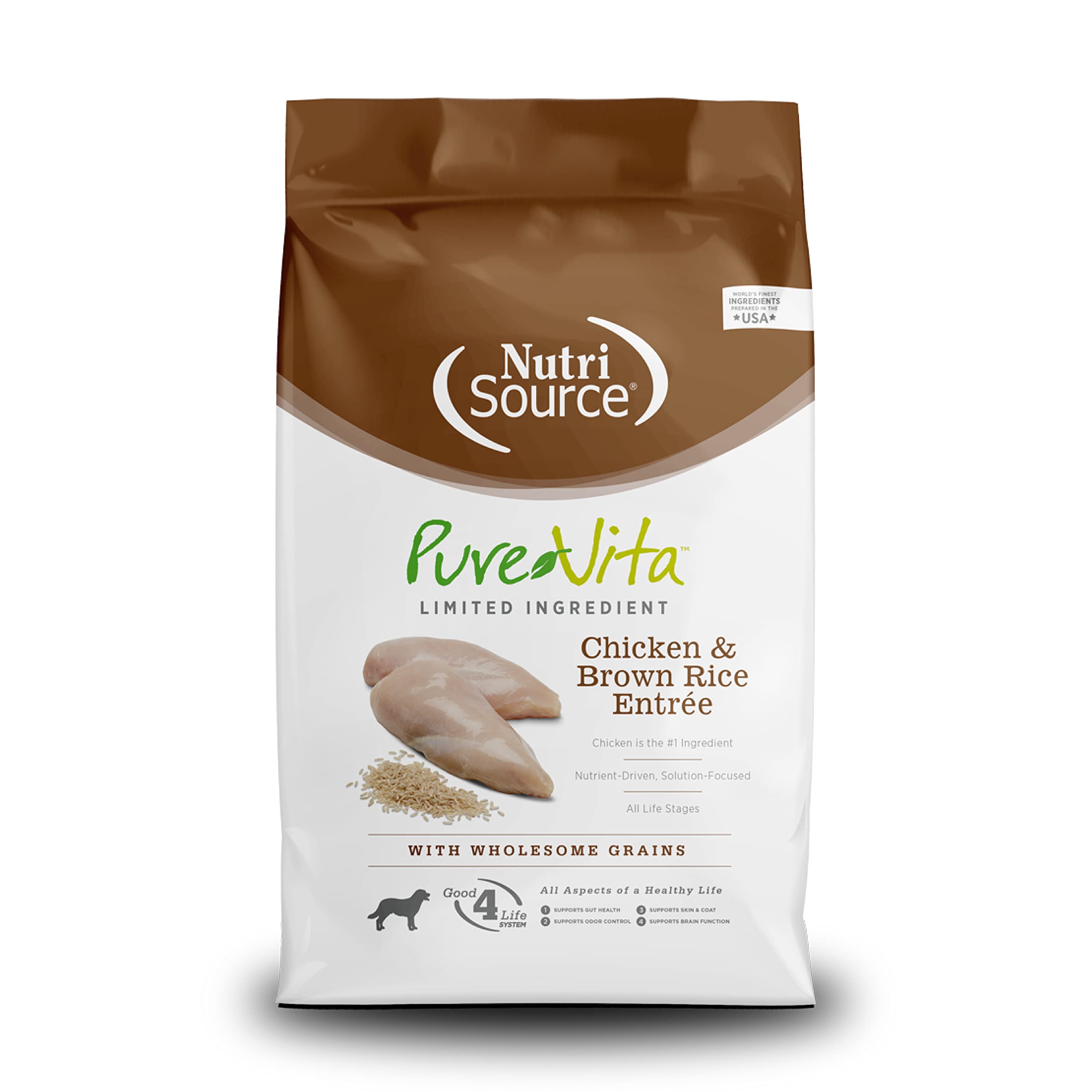 NutriSource sac avant montrant la marque et la recette, pratique pour repérer