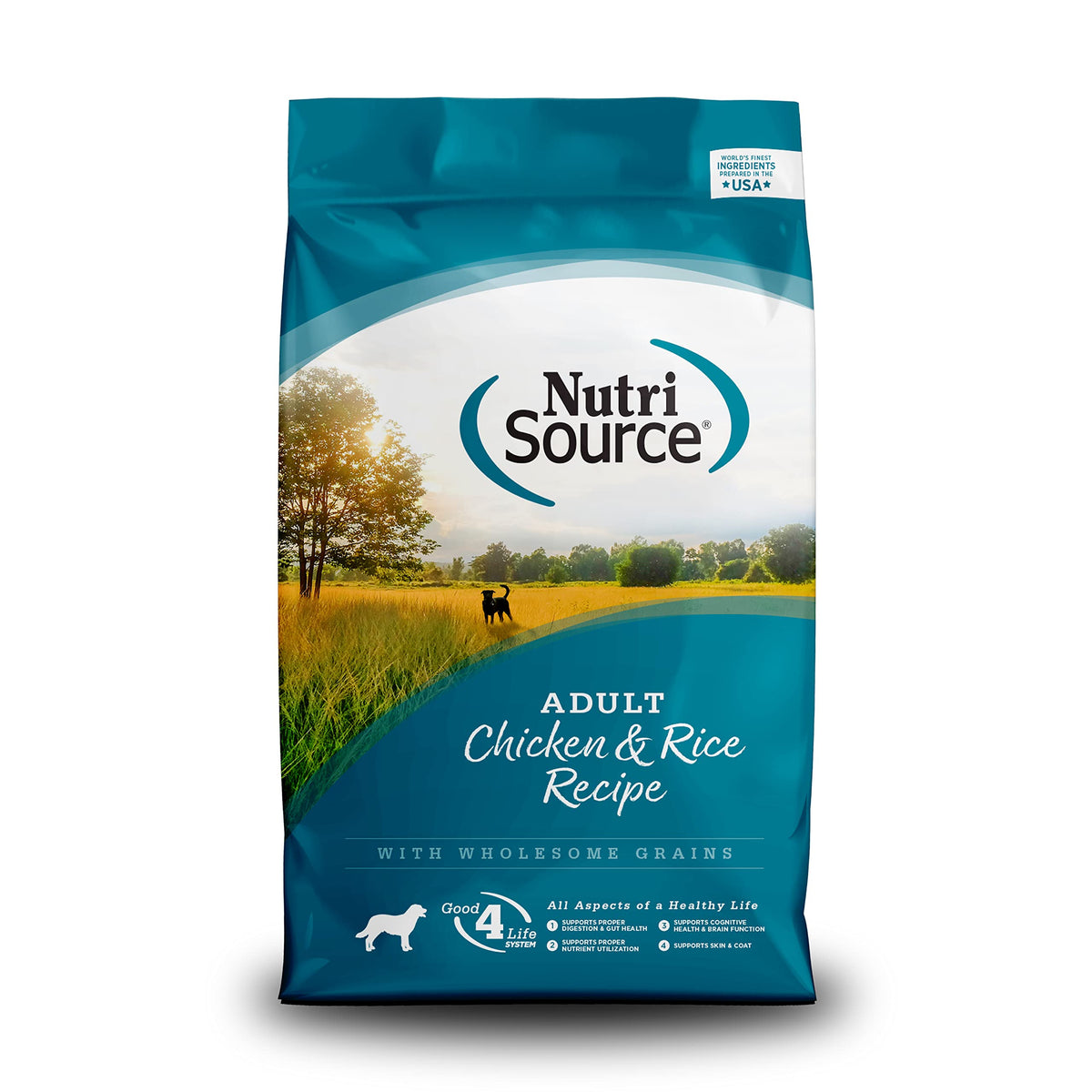 NutriSource sachet face avant montrant formule poulet et riz, apport protéique clair