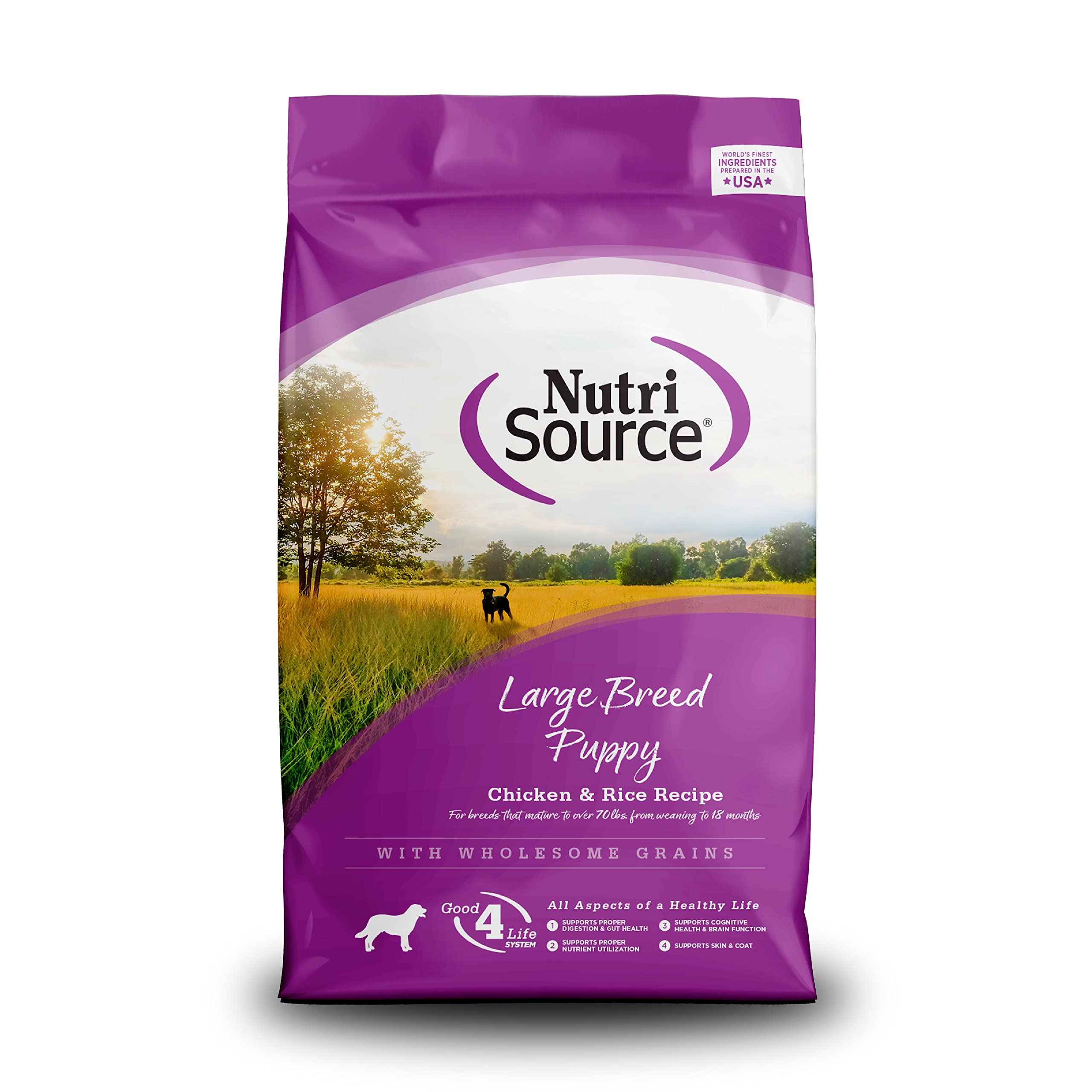 NutriSource sachet face poulet et riz montrant la marque et pratique