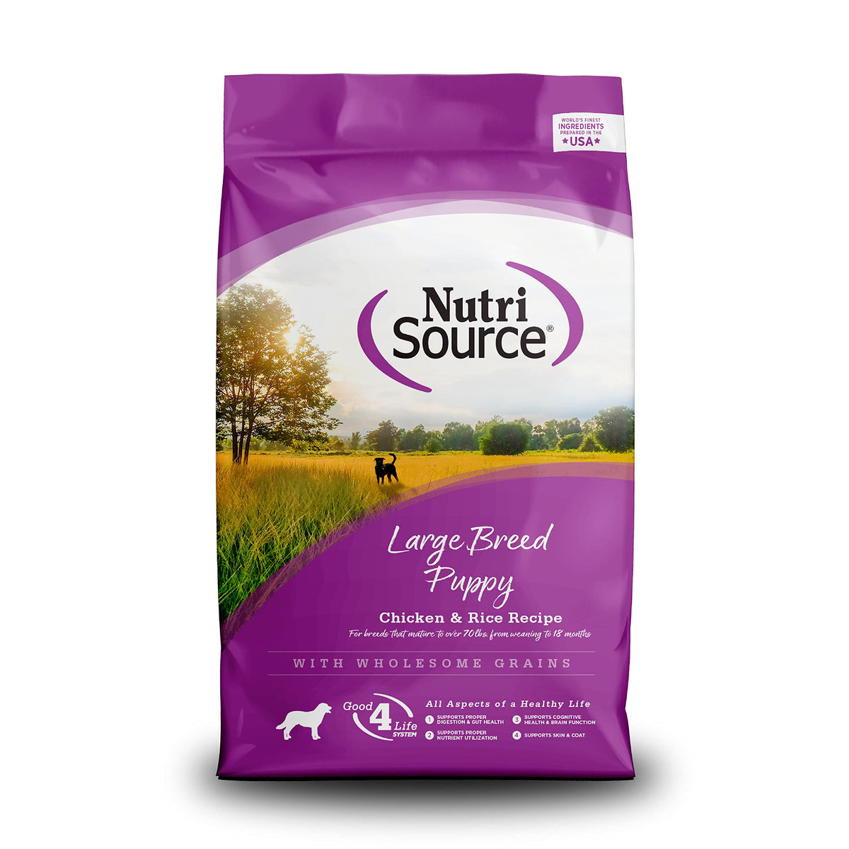 NutriSource sachet face poulet et riz montrant la marque et pratique