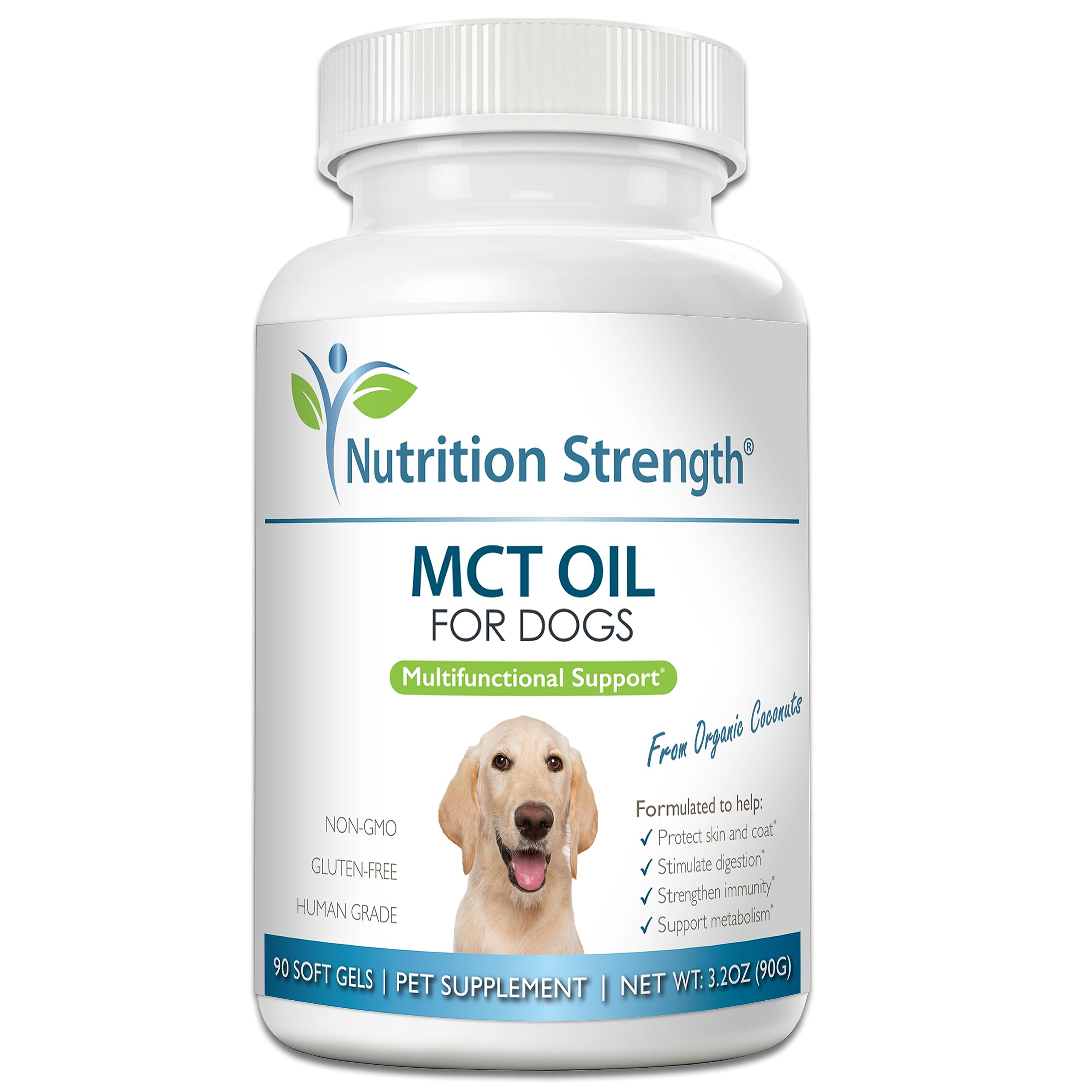 Nutrition Strength bouteille avant montrant le flacon de 90 softgels et un design lisible