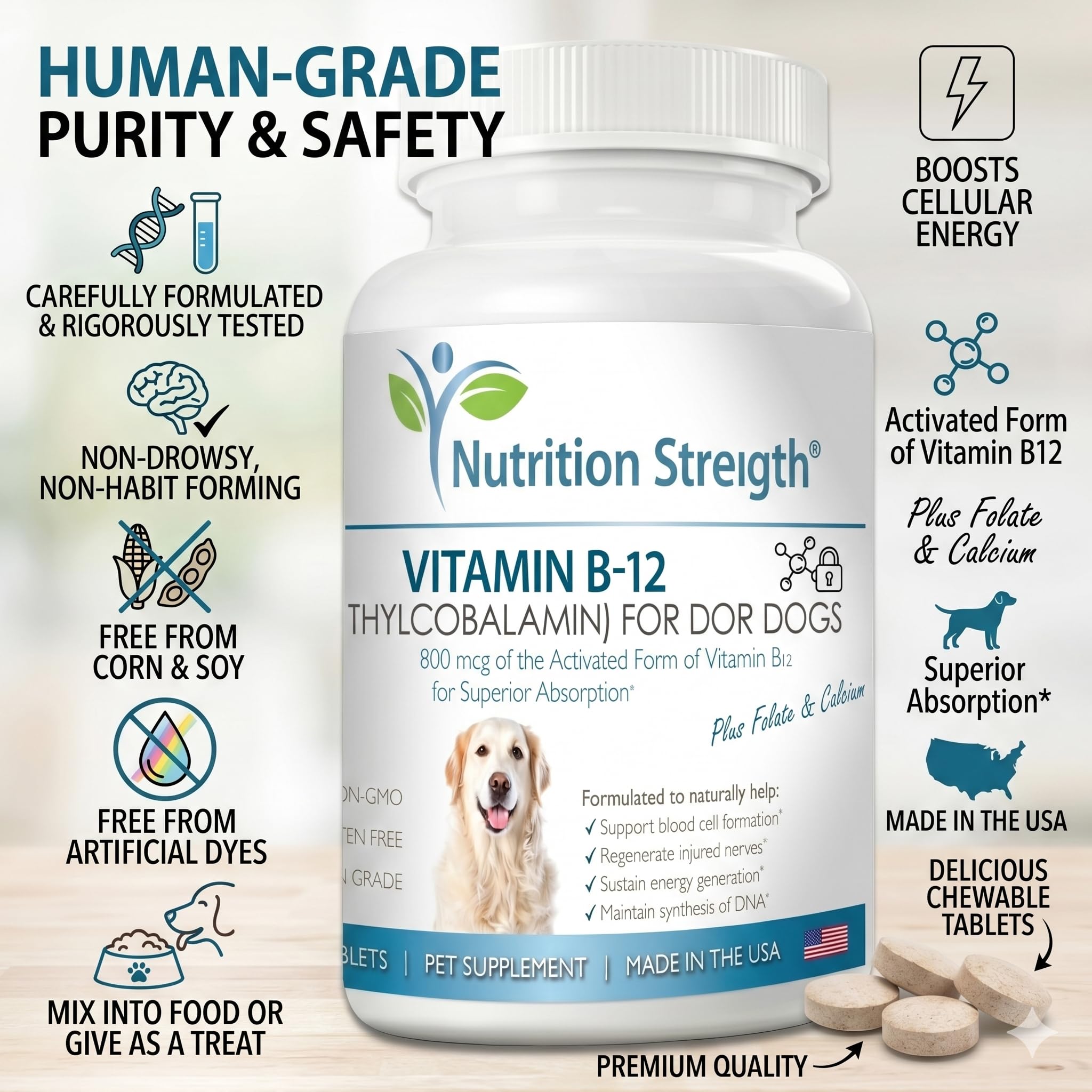 Nutrition Strength chien prenant comprimé en main, facilite administration quotidienne