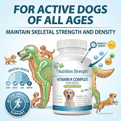 Nutrition Strength étiquette lisible montrant ingrédients clés et bénéfice qualité vet‑grade