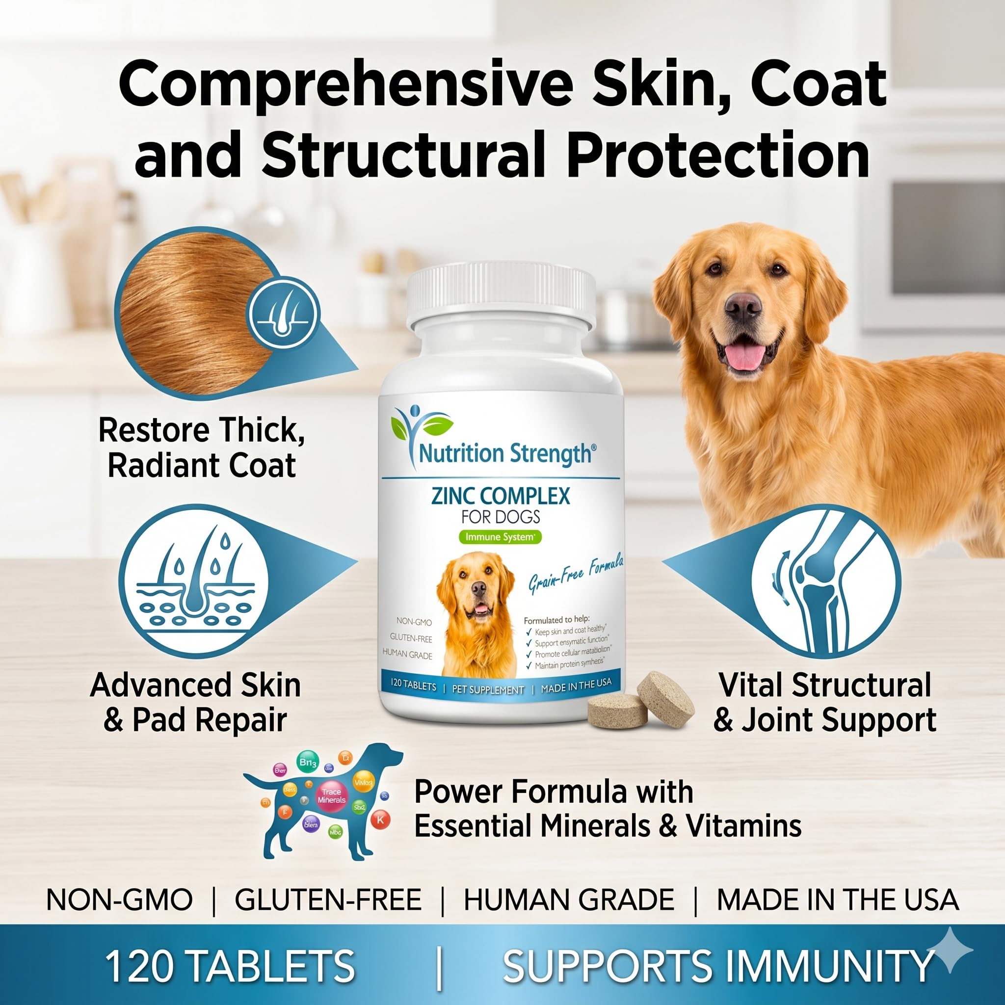 Nutrition Strength chien mange comprimé démontrant facilité d'administration