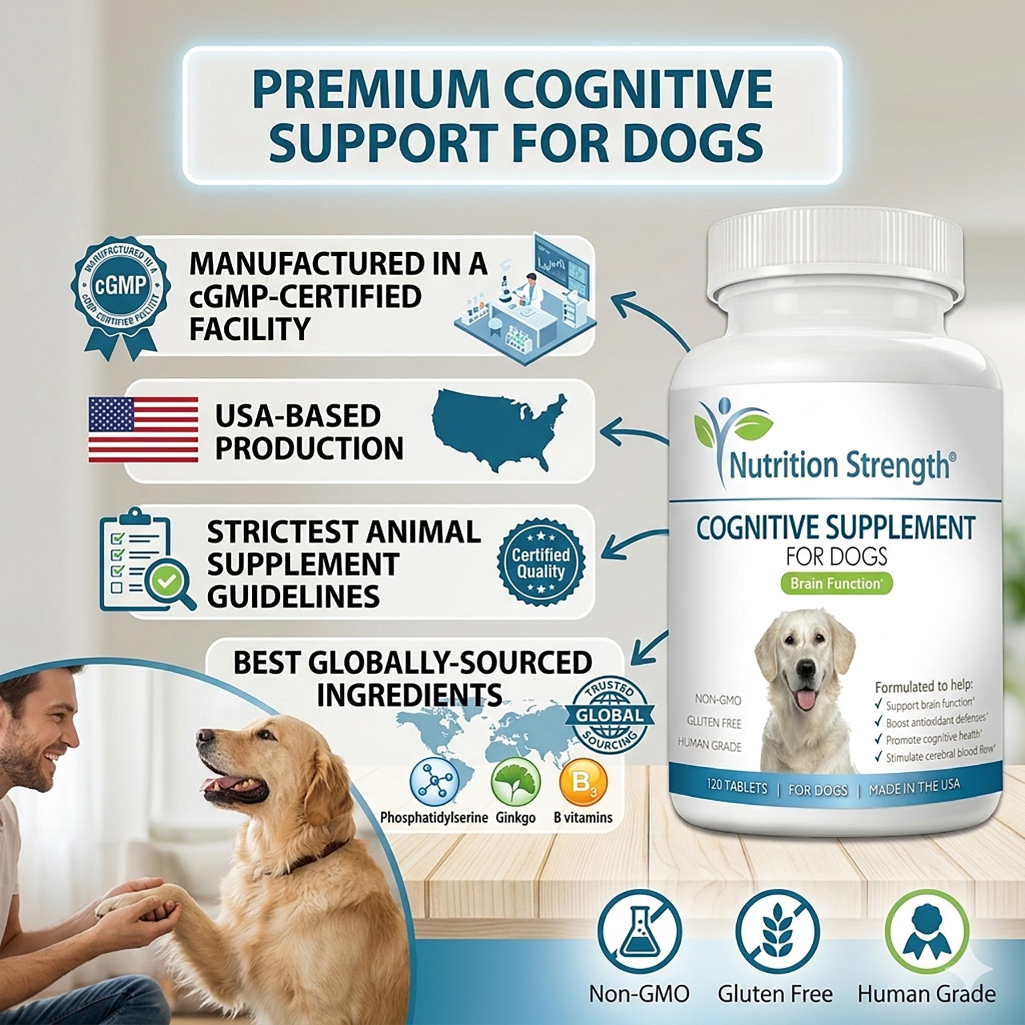 Nutrition Strength mode de vie chez soi illustrant confort mental du chien