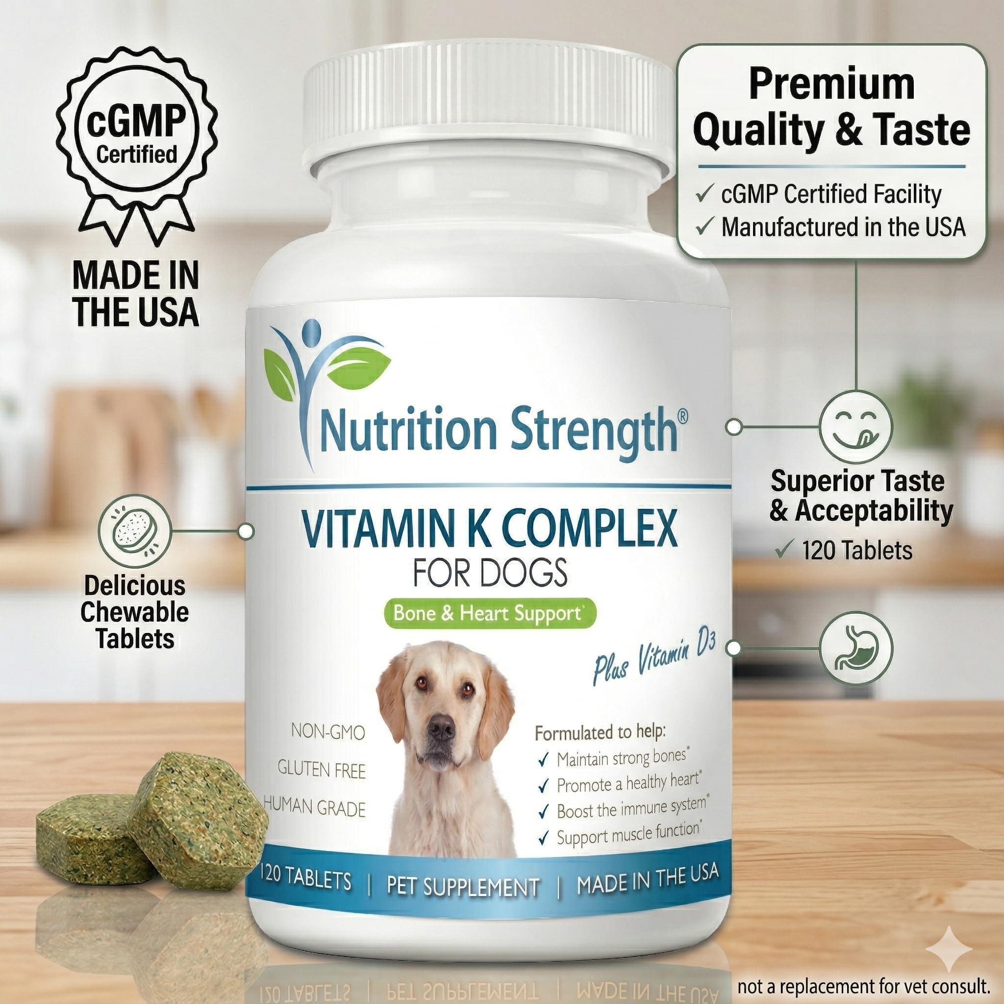 Nutrition Strength comprimés posés à côté d'un os pour comparaison de taille, bénéfice dosage clair