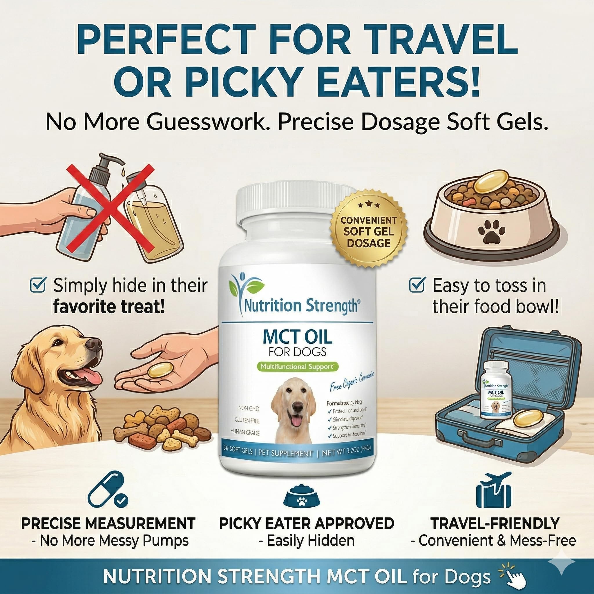 Nutrition Strength softgels pour chien en sac de voyage soulignant praticité en déplacement
