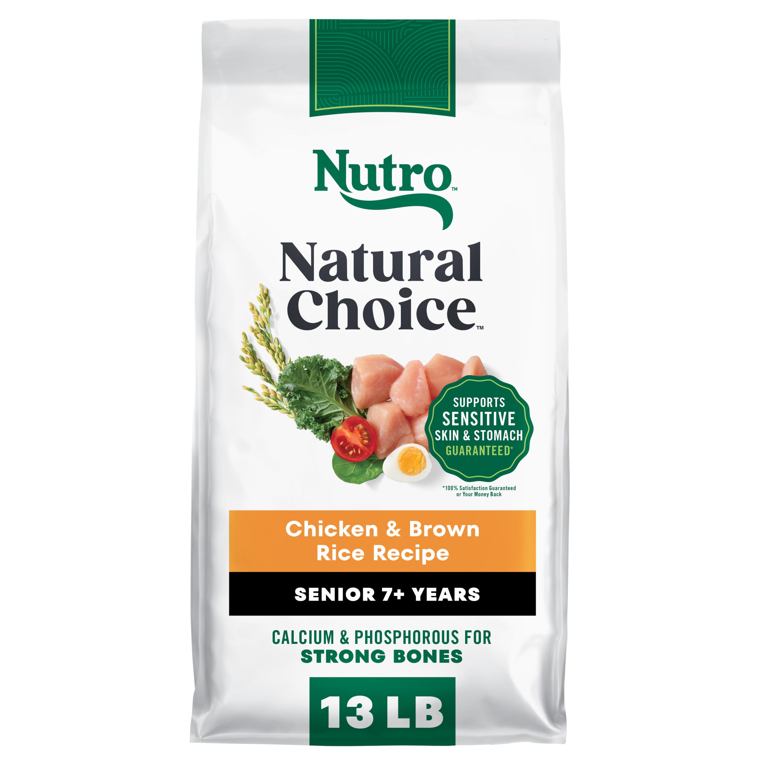 Nutro emballage avant montrant recette poulet et riz brun, rassure qualité